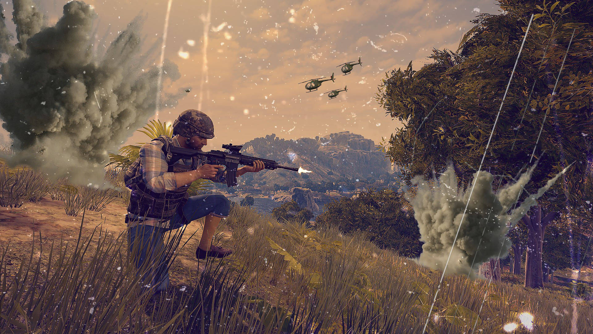 士兵在直升機和爆炸的激烈戰鬥中開槍射擊。 — PUBG 4K 壁紙 壁紙