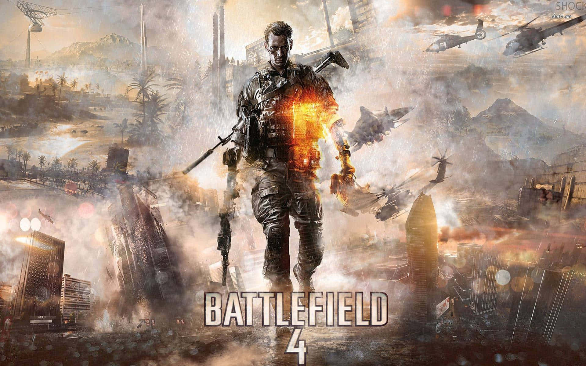 1920x1080 Battlefield 4 桌布 壁紙 — 一名士兵身軀燃燒，在戰火摧殘的城市景觀中挑釁地站立，直升機和戰鬥機在頭頂交戰。