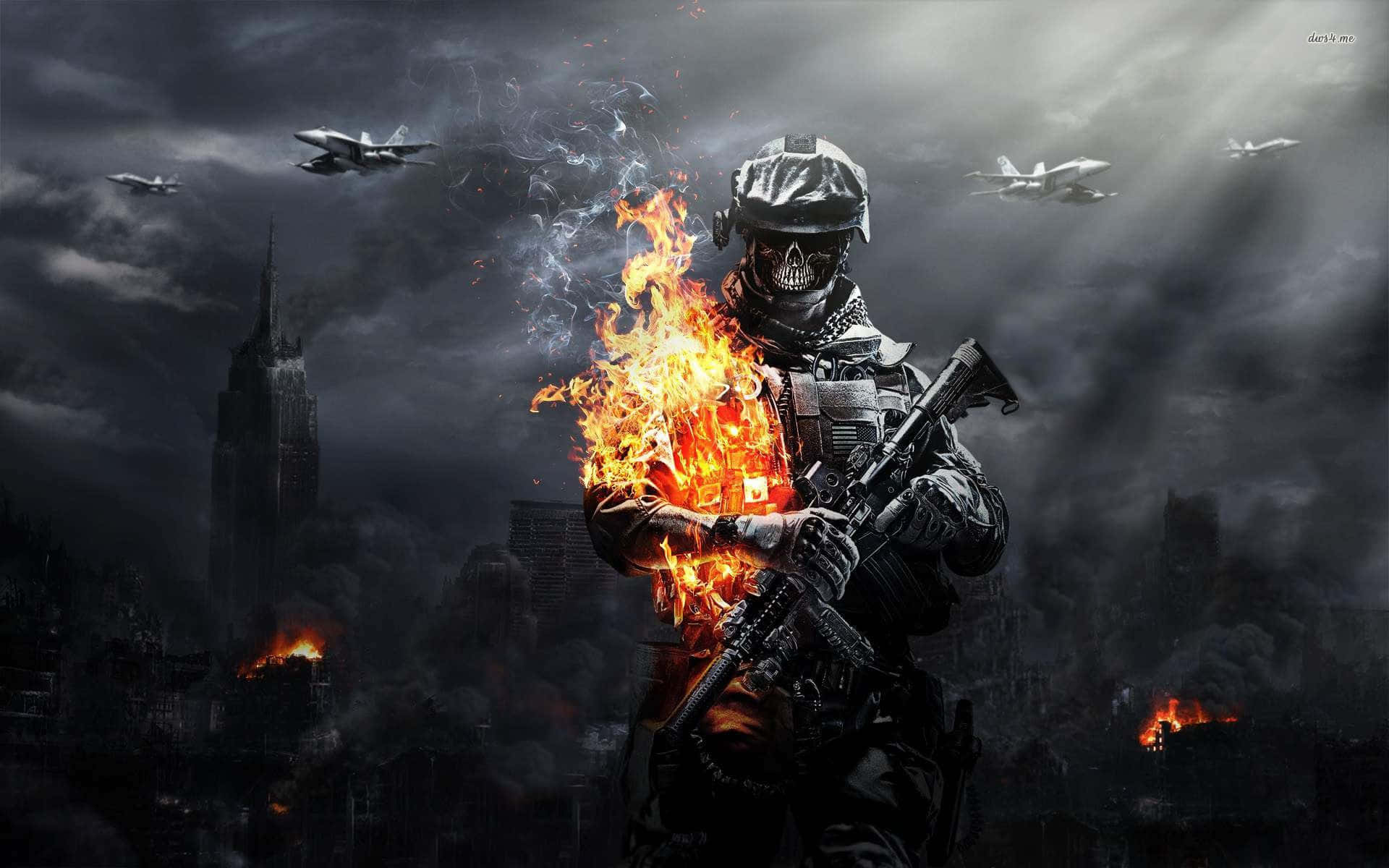 Battlefield 桌布 壁紙 — 一名士兵身軀著火，在戰火摧殘的城市景觀中挑釁地站立，戰鬥機在暴風雨的天空下飛過頭頂。