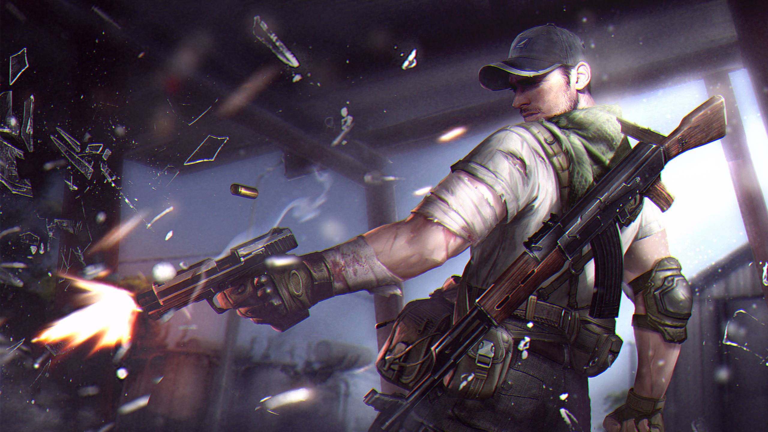 Garena 桌布 壁紙 — 一名士兵開槍射擊，周圍玻璃碎裂，呈現出激烈的戰鬥場景。