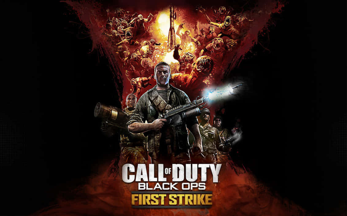 使命召喚 桌布 壁紙 — 一名士兵開步槍射擊，身後殭屍爆炸，來自《Call of Duty Black Ops First Strike》的火熱地獄場景。