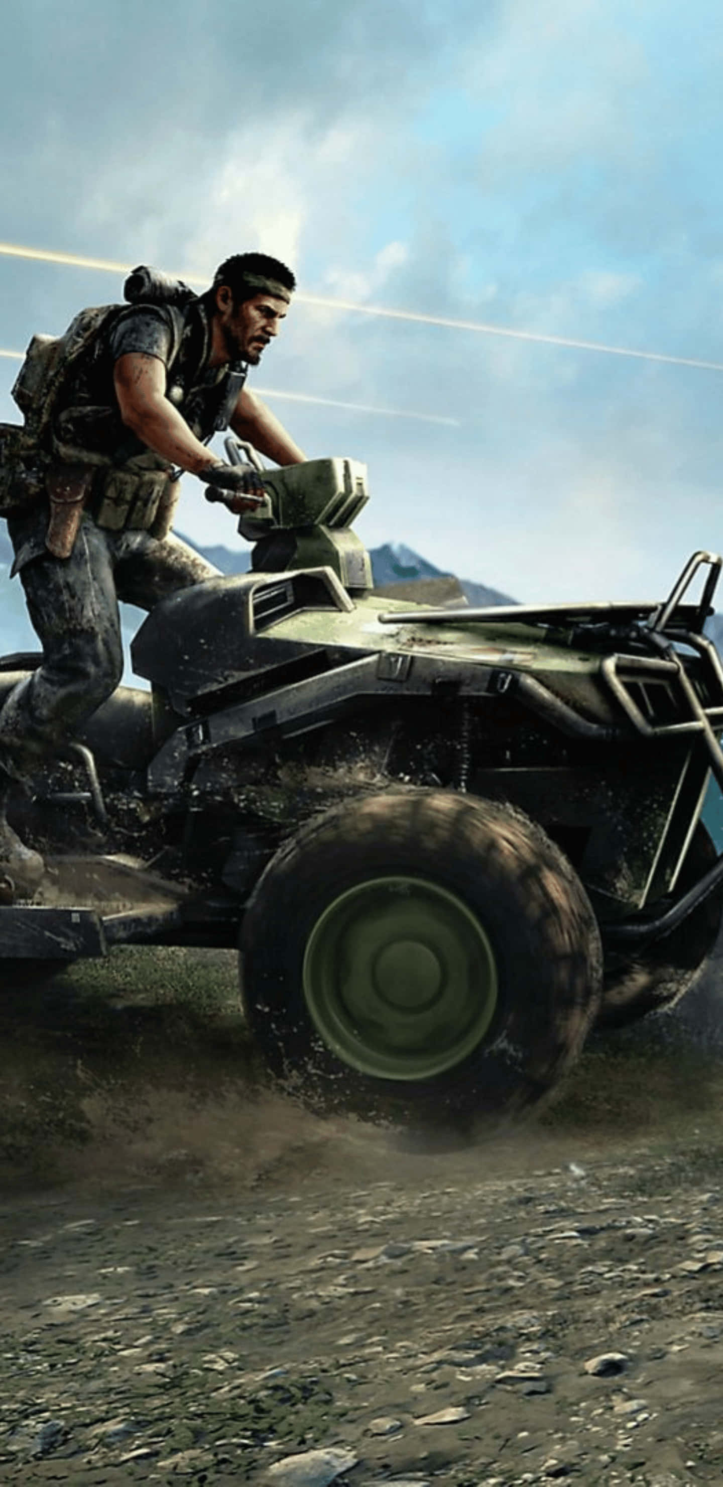 Pixel 3xl Call Of Duty Black Ops 4 桌布 壁紙 — 一名士兵駕駛堅固的軍用ATV穿越塵土飛揚的地形，背景是山脈和陰天。