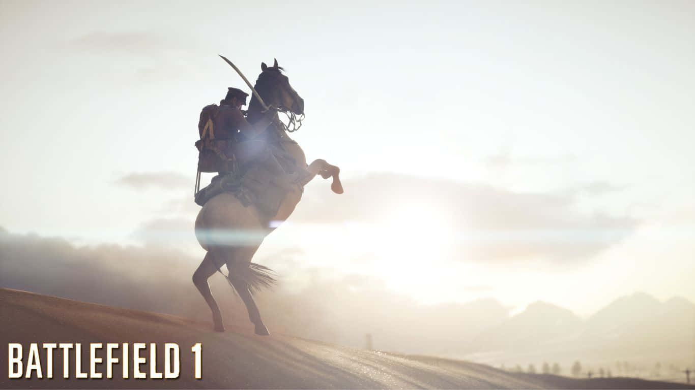 1366x768 Battlefield 1 桌布 壁紙 — 一名士兵騎著一匹後腿站立的馬，在朦朧戰場上明亮的太陽映襯下形成剪影，遠方有山脈。