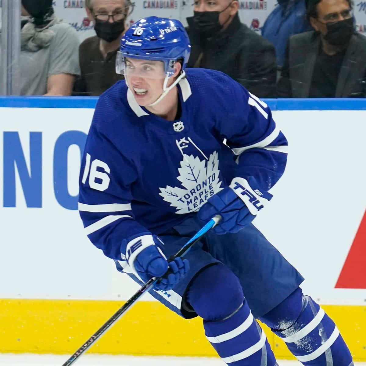 hockey 桌布 壁紙 — 一名多倫多楓葉隊的冰球運動員穿著藍色裝備，在比賽中帶著球桿在冰上激烈滑行。