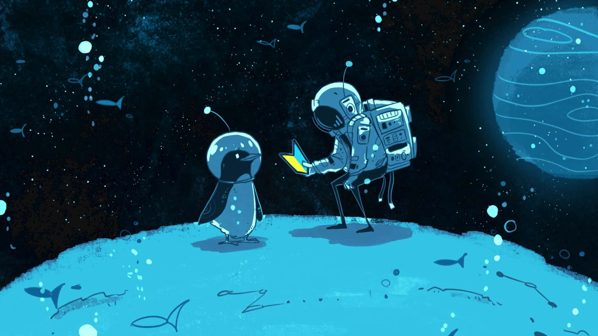Animated Space 桌布 壁紙 — 一名太空人和一隻企鵝穿著太空衣站在藍色行星表面，在星空下交換一本黃色書籍，遠處有一個旋轉的行星。
