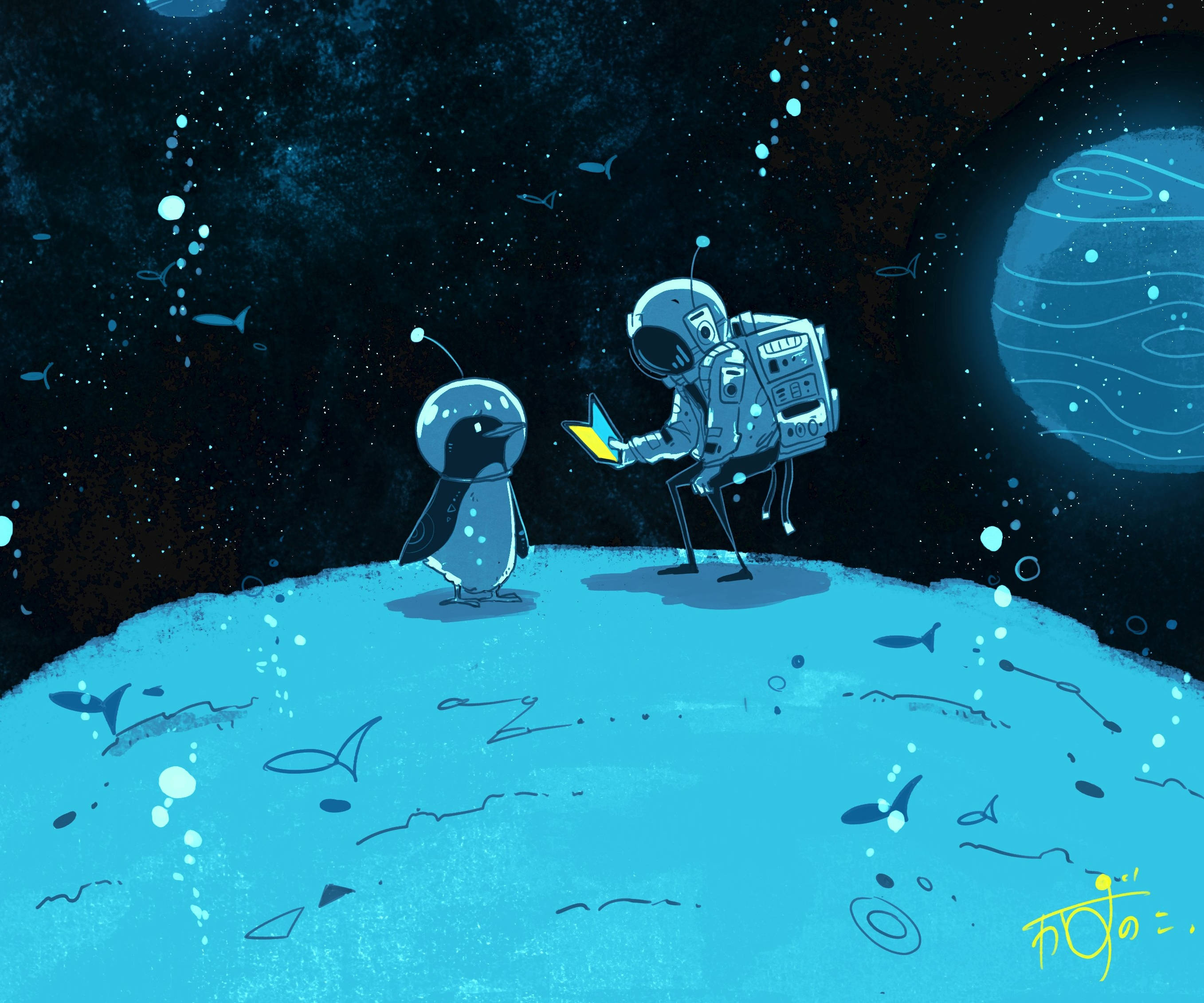 Astronaut In Space 桌布 壁紙 — 一名太空人和一隻企鵝站在太空中的藍色星球上，在星空下共享一本黃色的書。