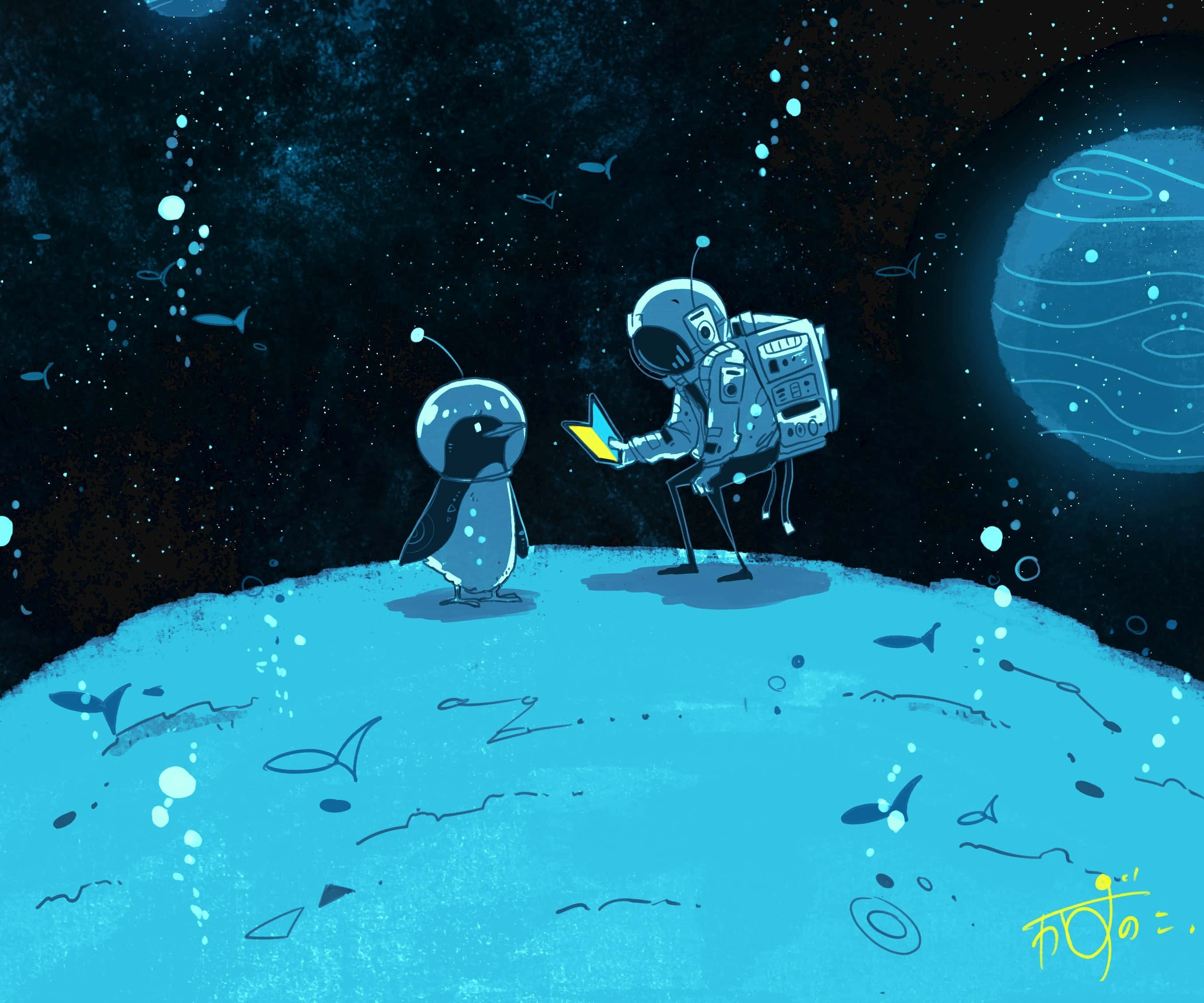Cute Space 桌布 壁紙 — 一名太空人和一隻企鵝站在藍色星球上，星空下魚兒在太空中游動。