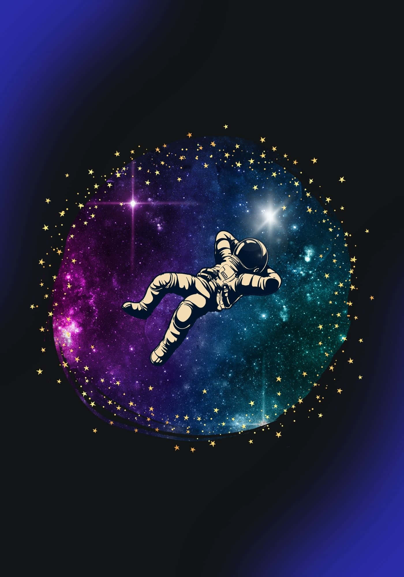 酷 桌布 壁紙 — 一名太空人在一個充滿星星和星雲的發光宇宙氣泡中失重漂浮，背景為深藍色漸變。