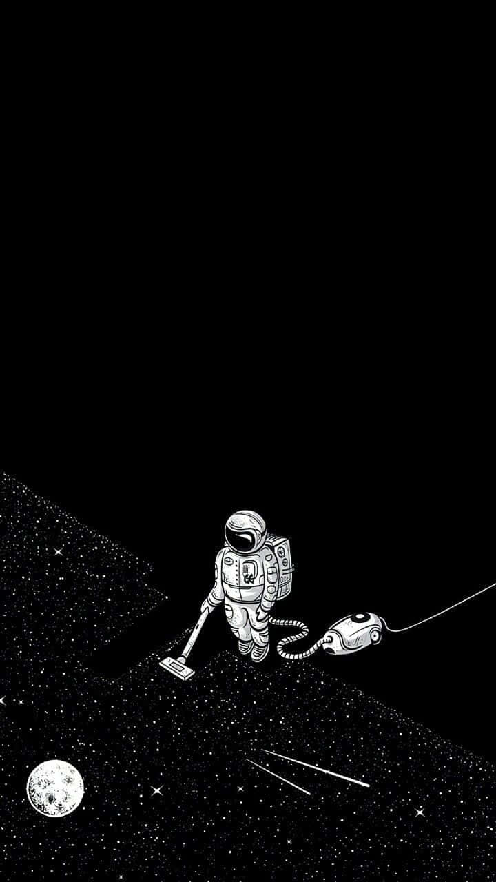 太空人 桌布 壁紙 — 一名太空人在一個有月亮在附近的星際行星上吸塵宇宙塵埃，呈現鮮明的黑白對比。