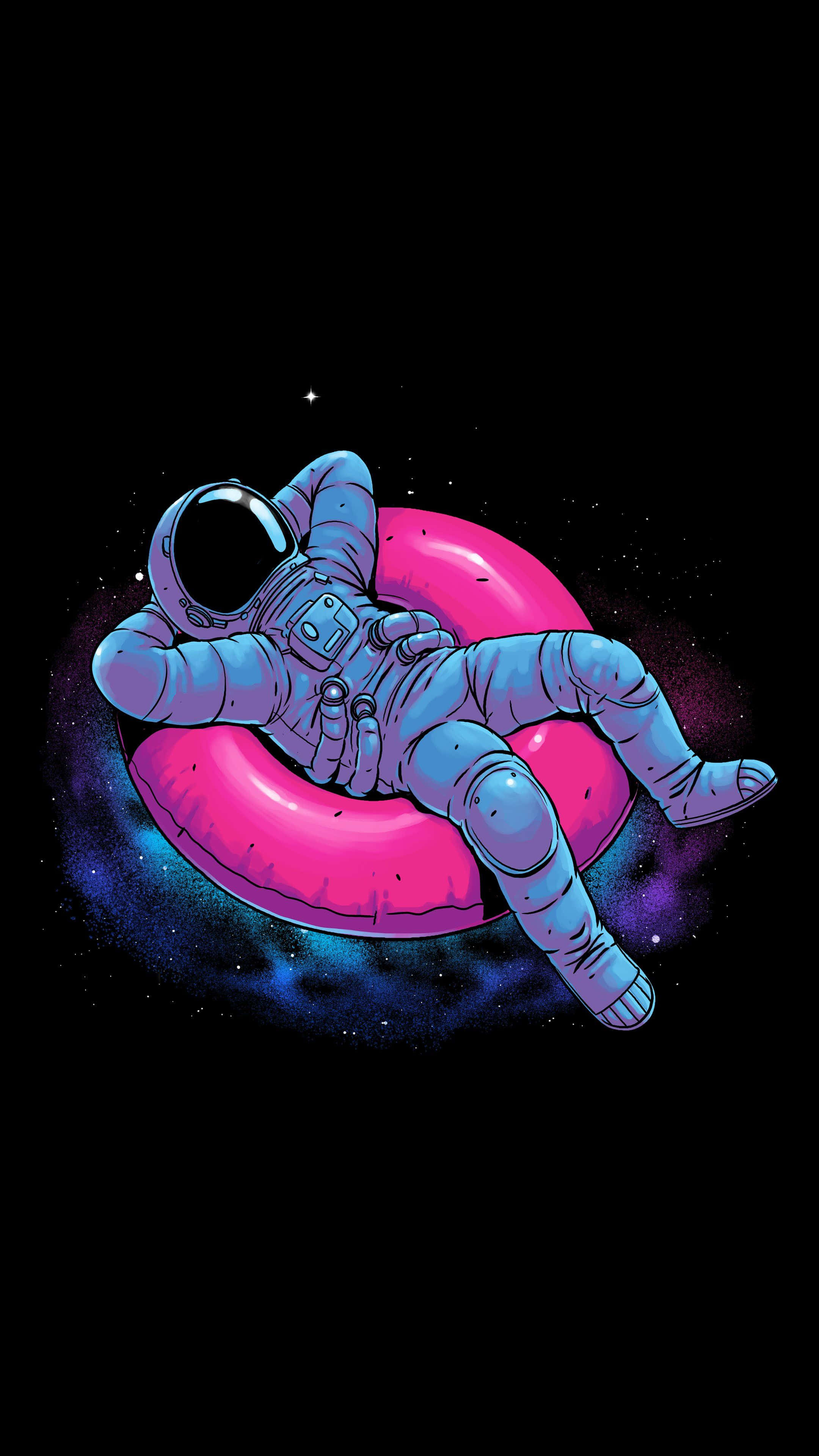 Amazing Astronaut 桌布 壁紙 — 一名太空人在一個漂浮在星空宇宙虛空的亮粉紅色充氣圈上放鬆。