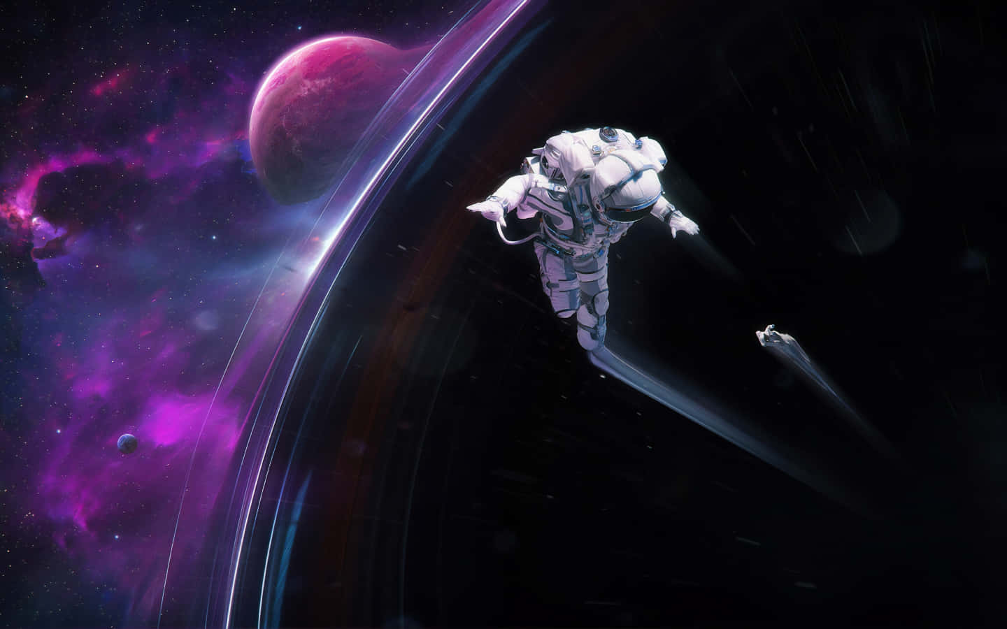 科幻 桌布 壁紙 — 一名太空人在一個發光的環狀行星附近失重漂浮，背景是充滿活力的紫色星雲。