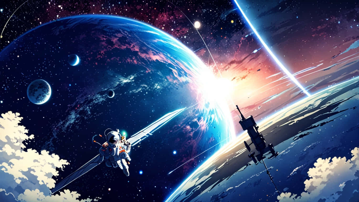 Anime in Space Animated Wallpaper 壁紙 — 一名太空人在一顆發光的行星附近漂浮，旁邊有衛星和新月，背景是星光燦爛的宇宙。