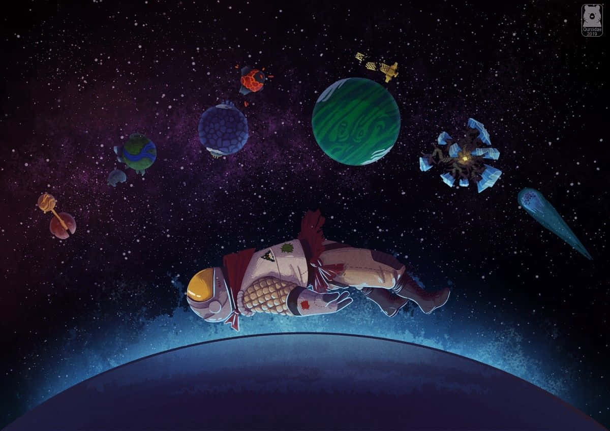 外太空 桌布 壁紙 — 一名太空人在一顆藍色星球上方失重漂浮，周圍環繞著色彩繽紛的外星世界和漂浮的碎片，身處繁星點點的宇宙虛空。