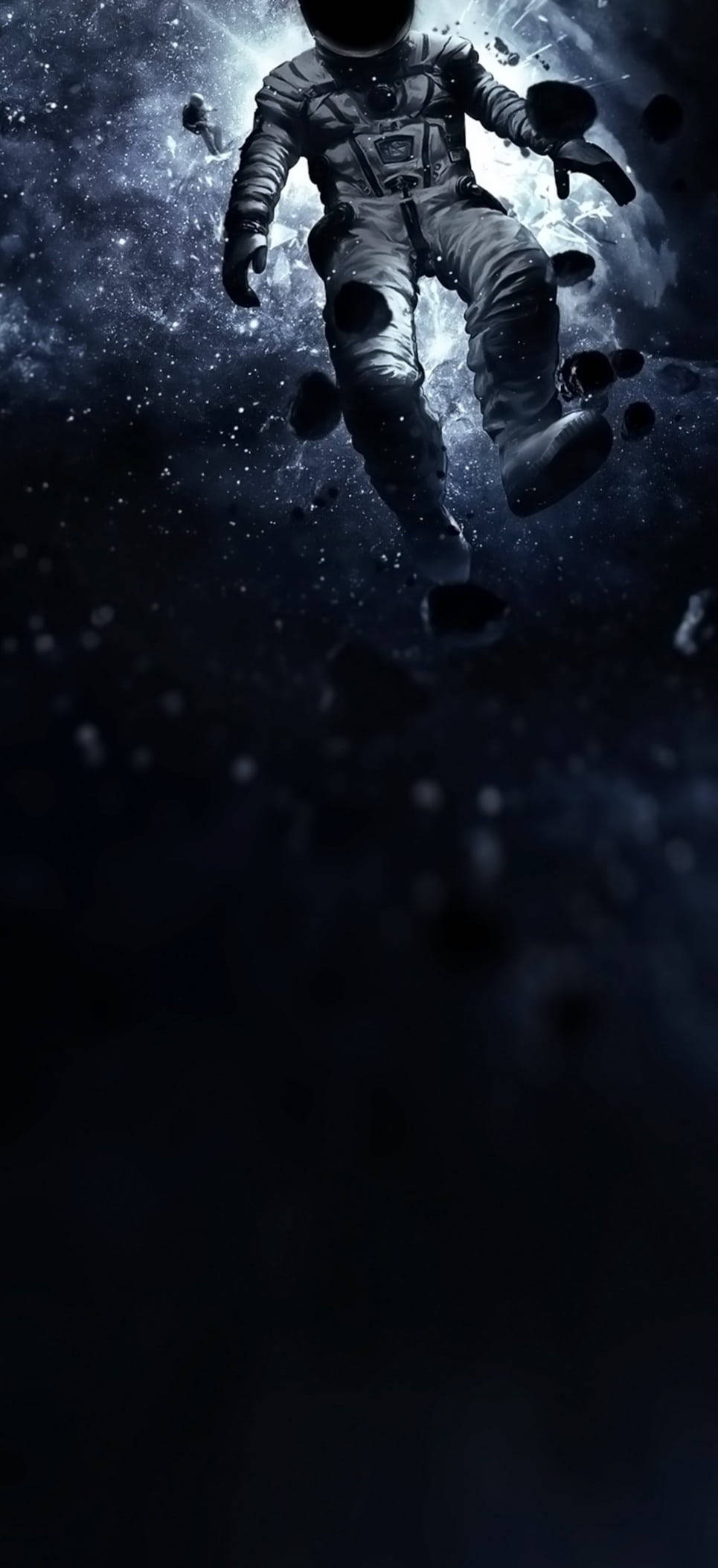 太空人 桌布 壁紙 — 一名太空人在佈滿星光的虛空中無重漂浮，周圍環繞著漂浮的碎片和宇宙塵埃。
