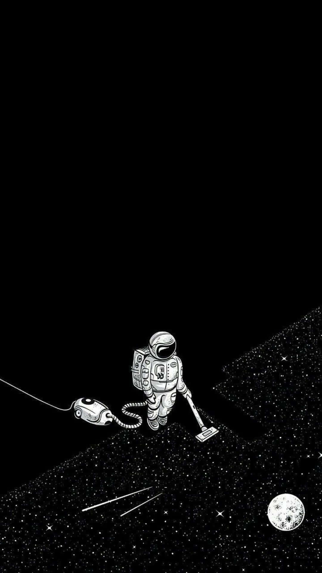 桌布 壁紙 — 一名太空人在佈滿星星的太空地板上用吸塵器清理宇宙塵埃，附近有月亮。