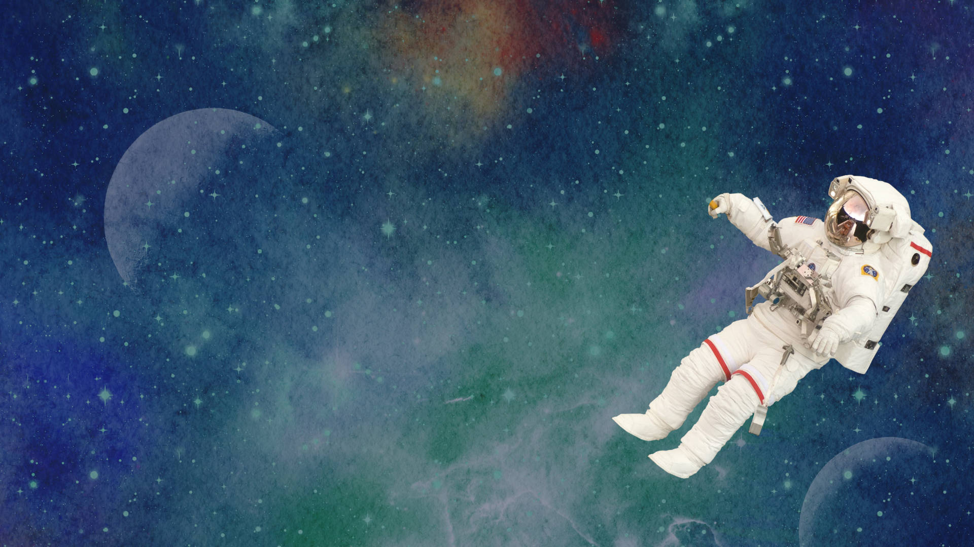  壁紙 — 一名太空人在充滿活力的宇宙星雲中失重漂浮，周圍有發光的星星和遙遠的月亮。