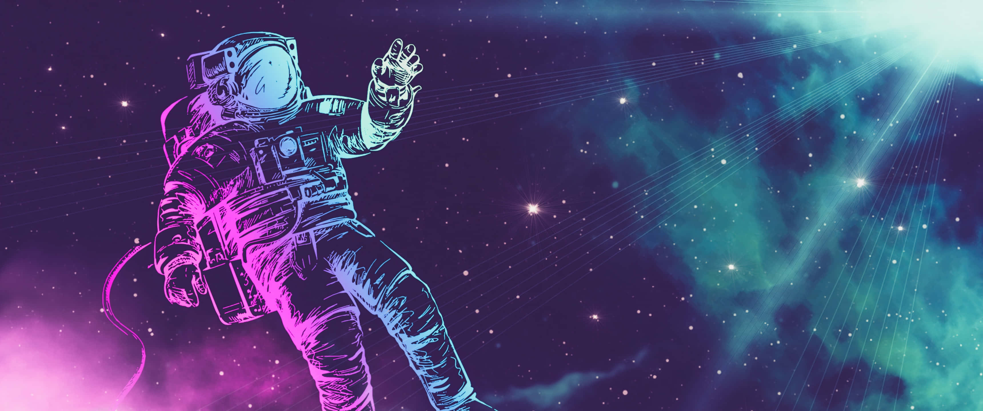 太空美學動圖 桌布 壁紙 — 一名太空人在充滿活力的宇宙空間中漂浮，身後有霓虹粉紅和藍綠色的星雲及星爆。