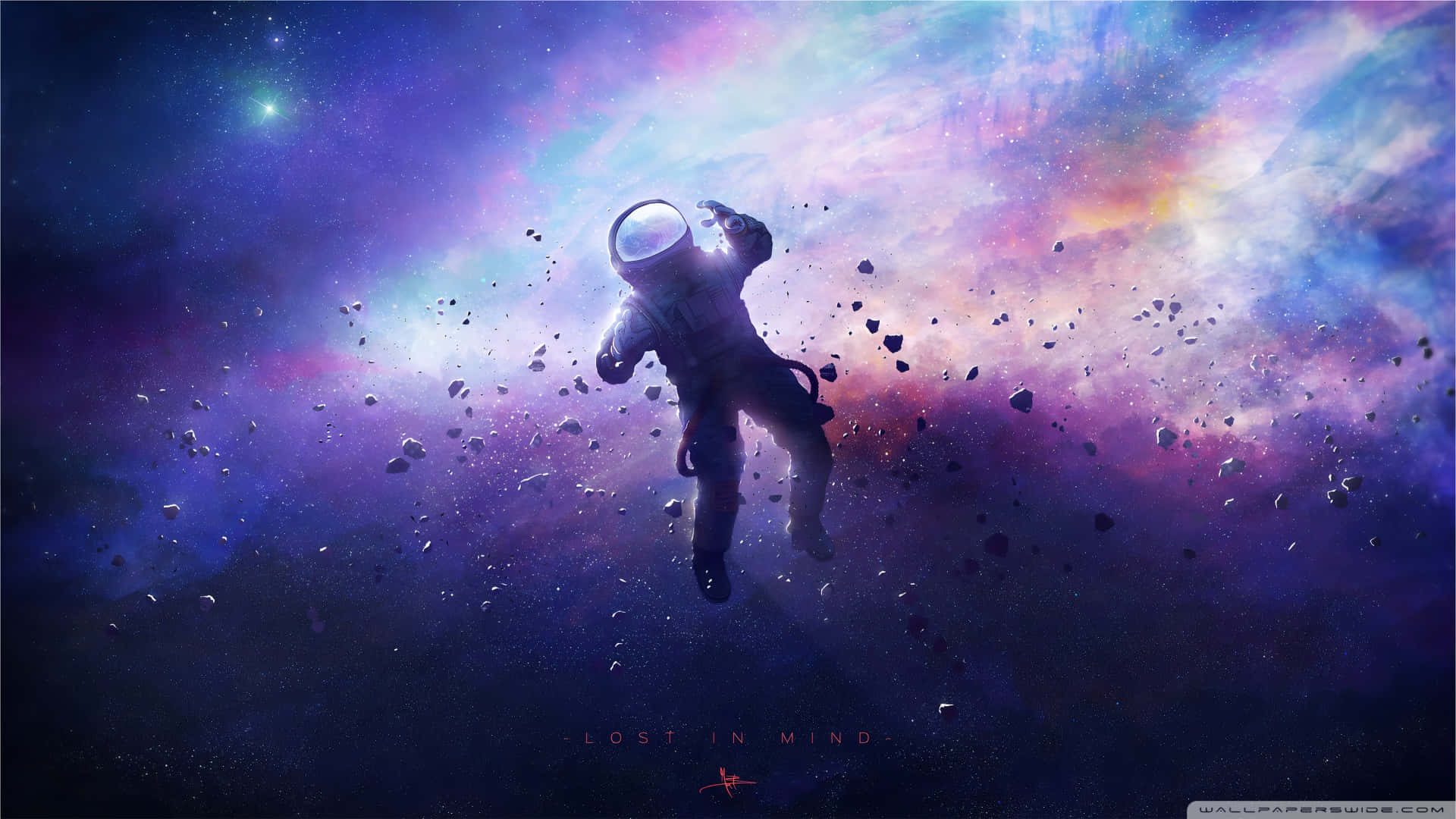 桌布 壁紙 — 一名太空人在充滿漂浮小行星和發光恆星的鮮豔宇宙星雲中無重漂浮。