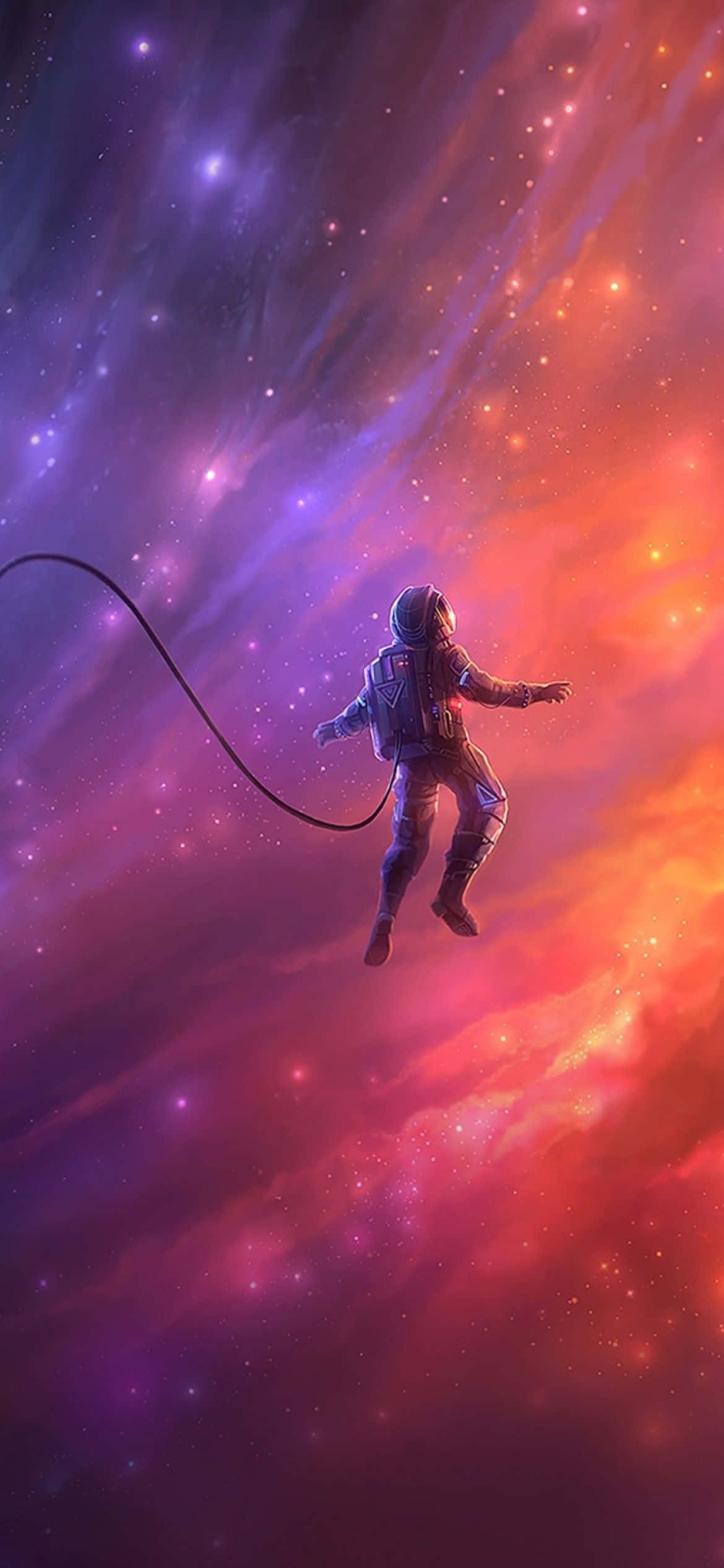 外太空 桌布 壁紙 — 一名太空人在充滿紫色和橙色光芒的宇宙星雲中無重漂浮。