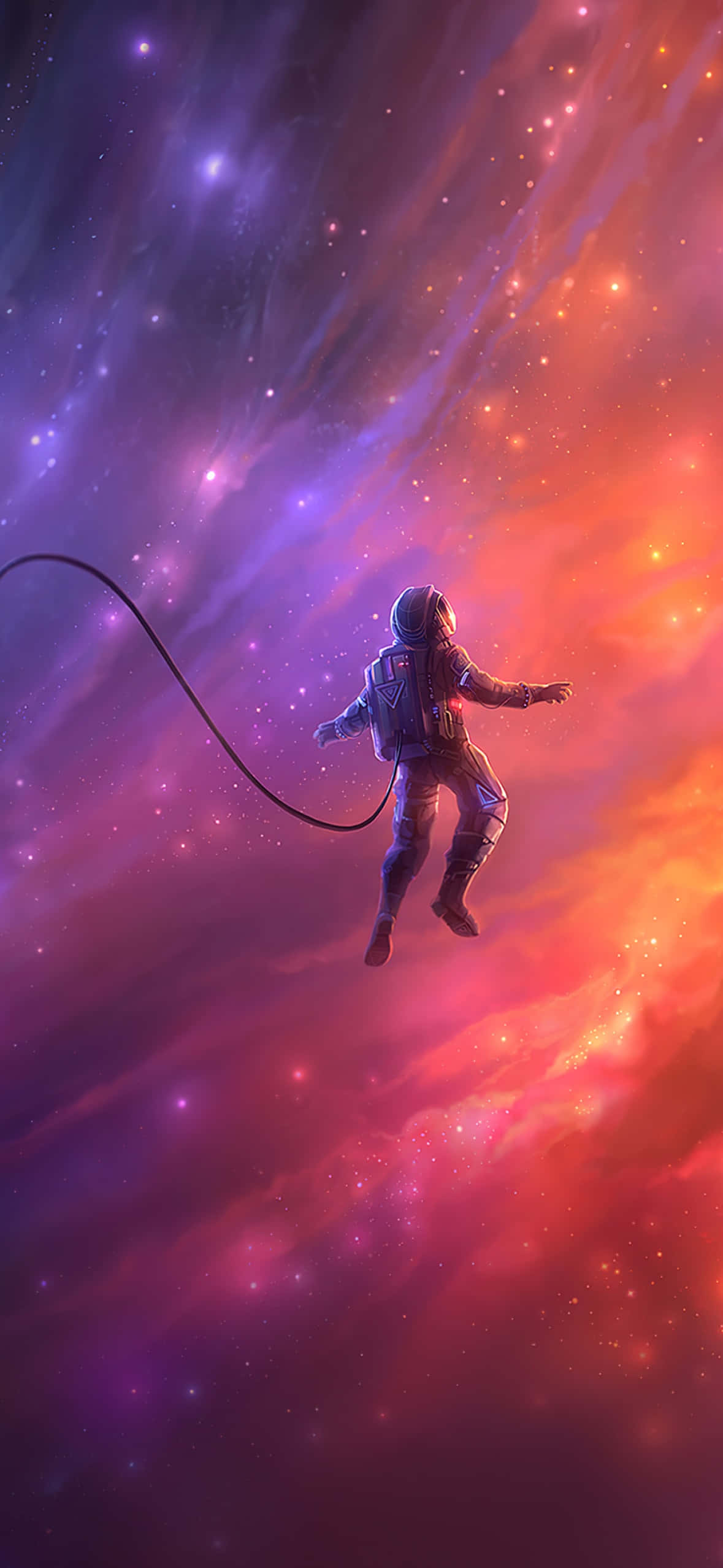銀河 桌布 壁紙 — 一名太空人在充滿紫色和橙色光芒的宇宙星雲中無重力漂浮。