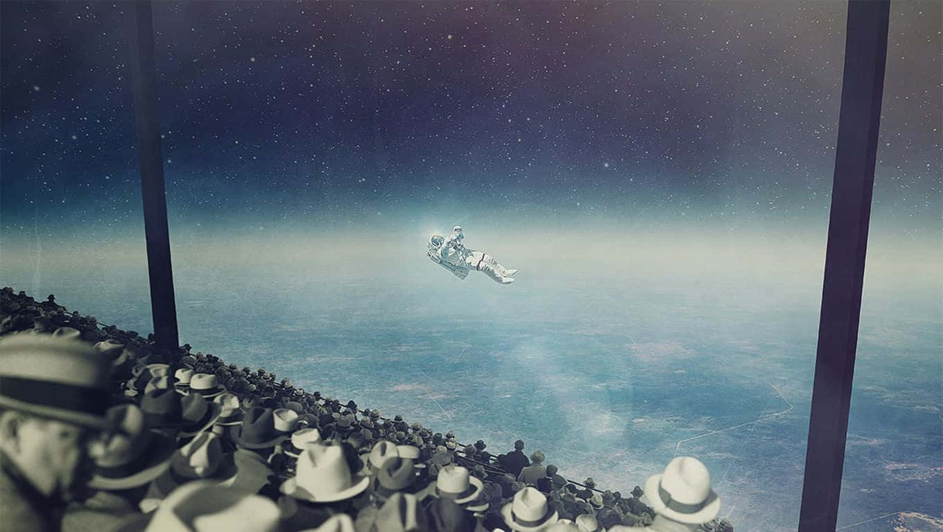 桌布 壁紙 — 一名太空人在地球上空漂浮，而一群戴著復古帽子的人群從一個巨大的天文台內觀看。