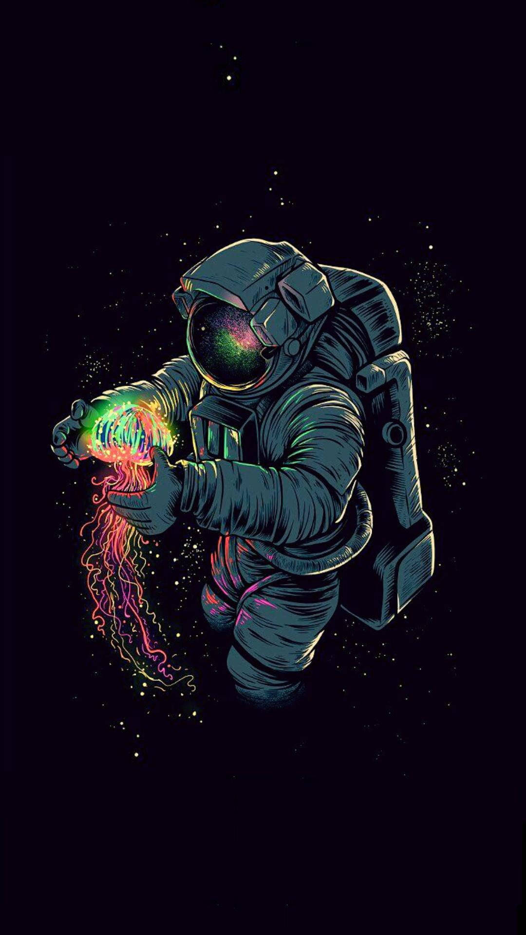 Aesthetic Drawings 桌布 壁紙 — 一名太空人在太空中，在佈滿星星的黑色虛空中拿著發光的霓虹水母。