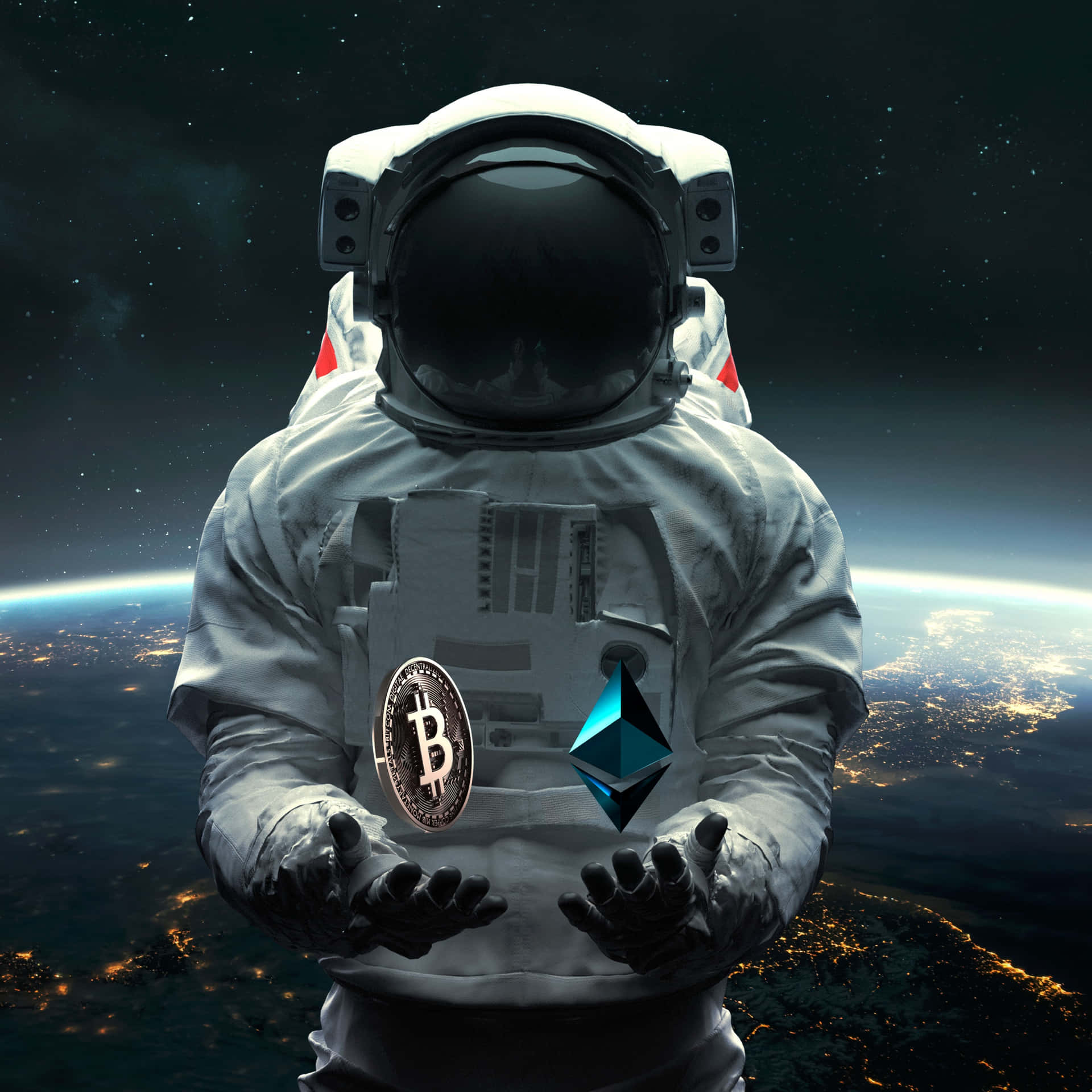  壁紙 — 一名太空人在太空中，在地球發光的夜間表面上手持比特幣和以太幣。