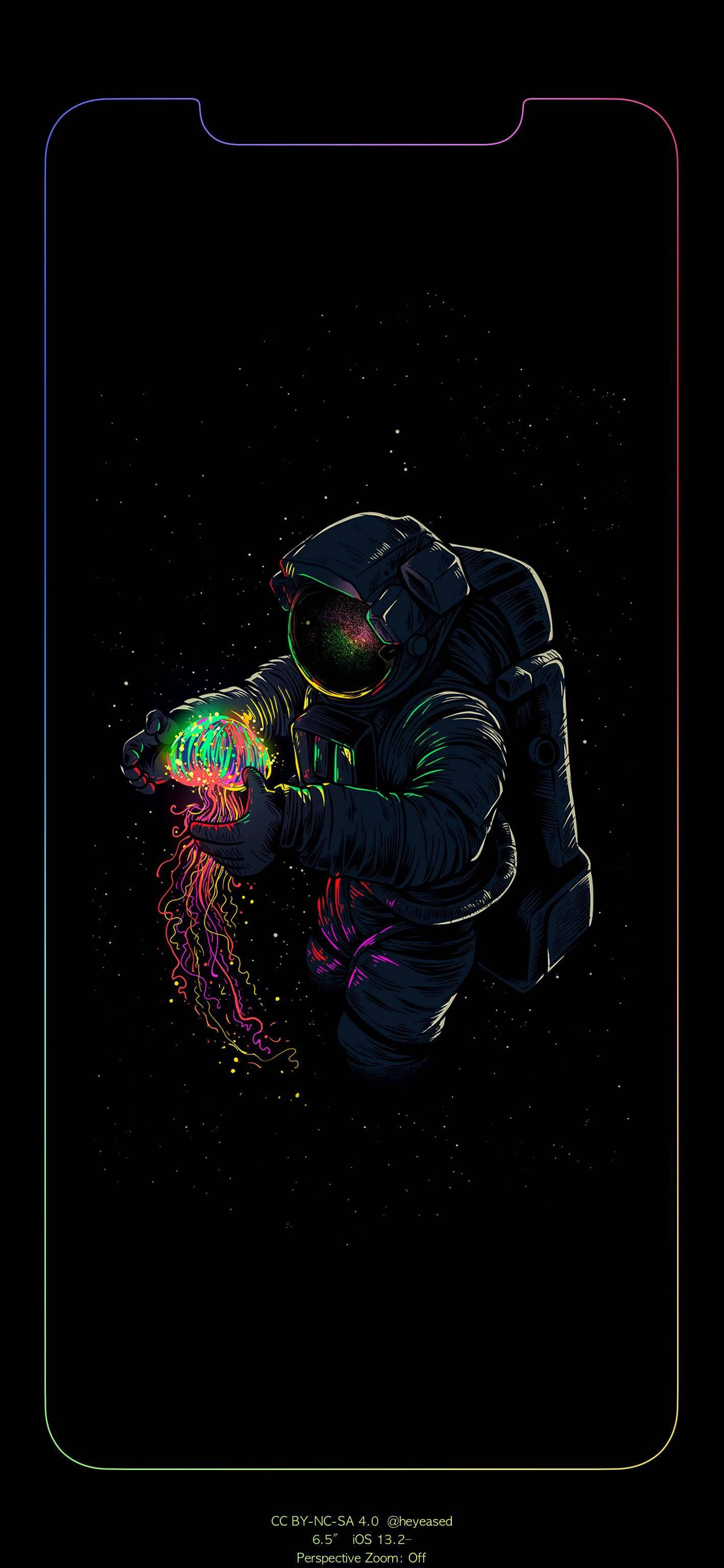 Outline 桌布 壁紙 — 一名太空人在太空中，手持發光霓虹水母，背景是繁星點點的虛空，並以手機螢幕輪廓框住。