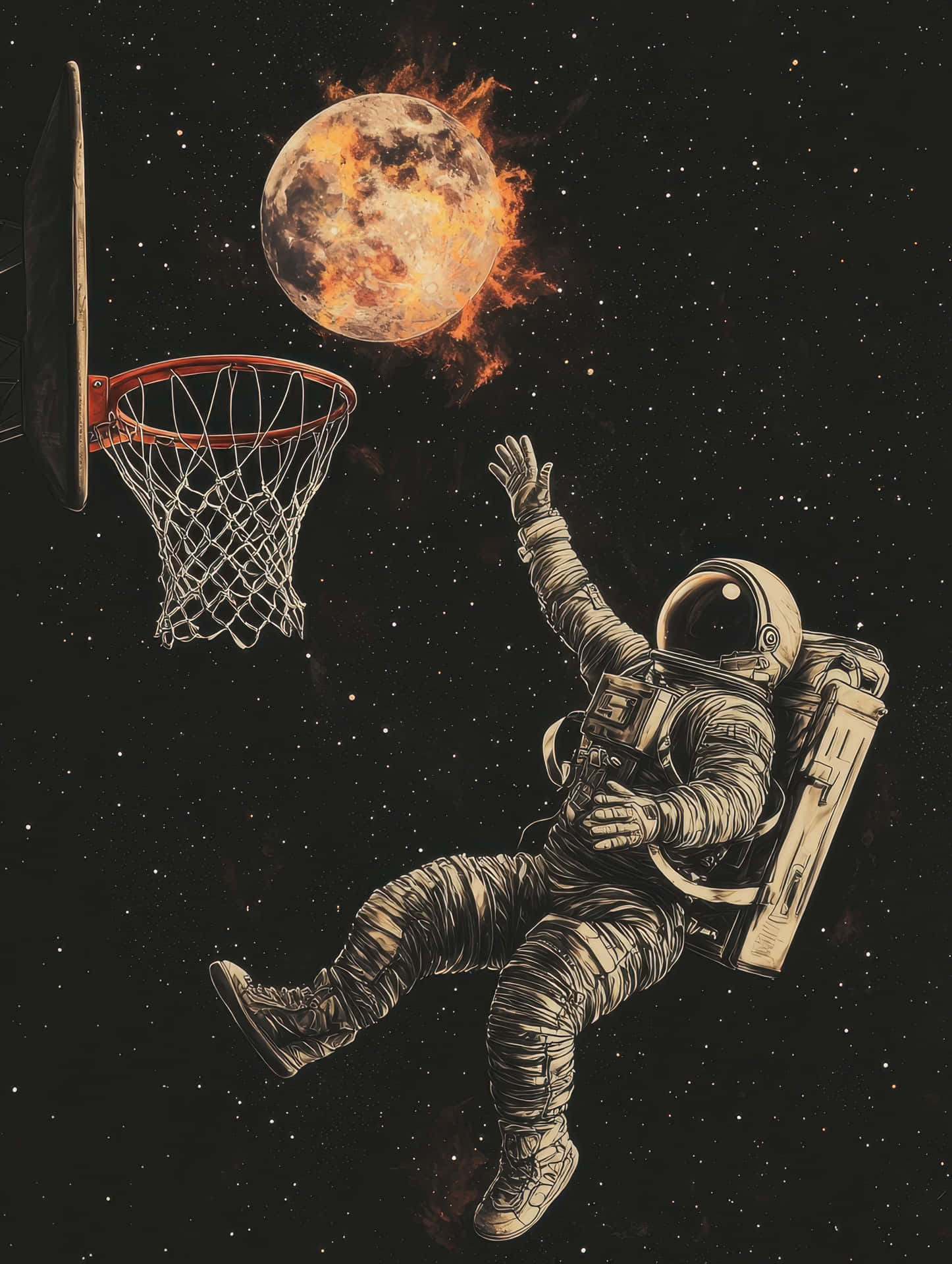 太空人在太空打籃球，籃框後面有燃燒的月球。 — 太空人 壁紙