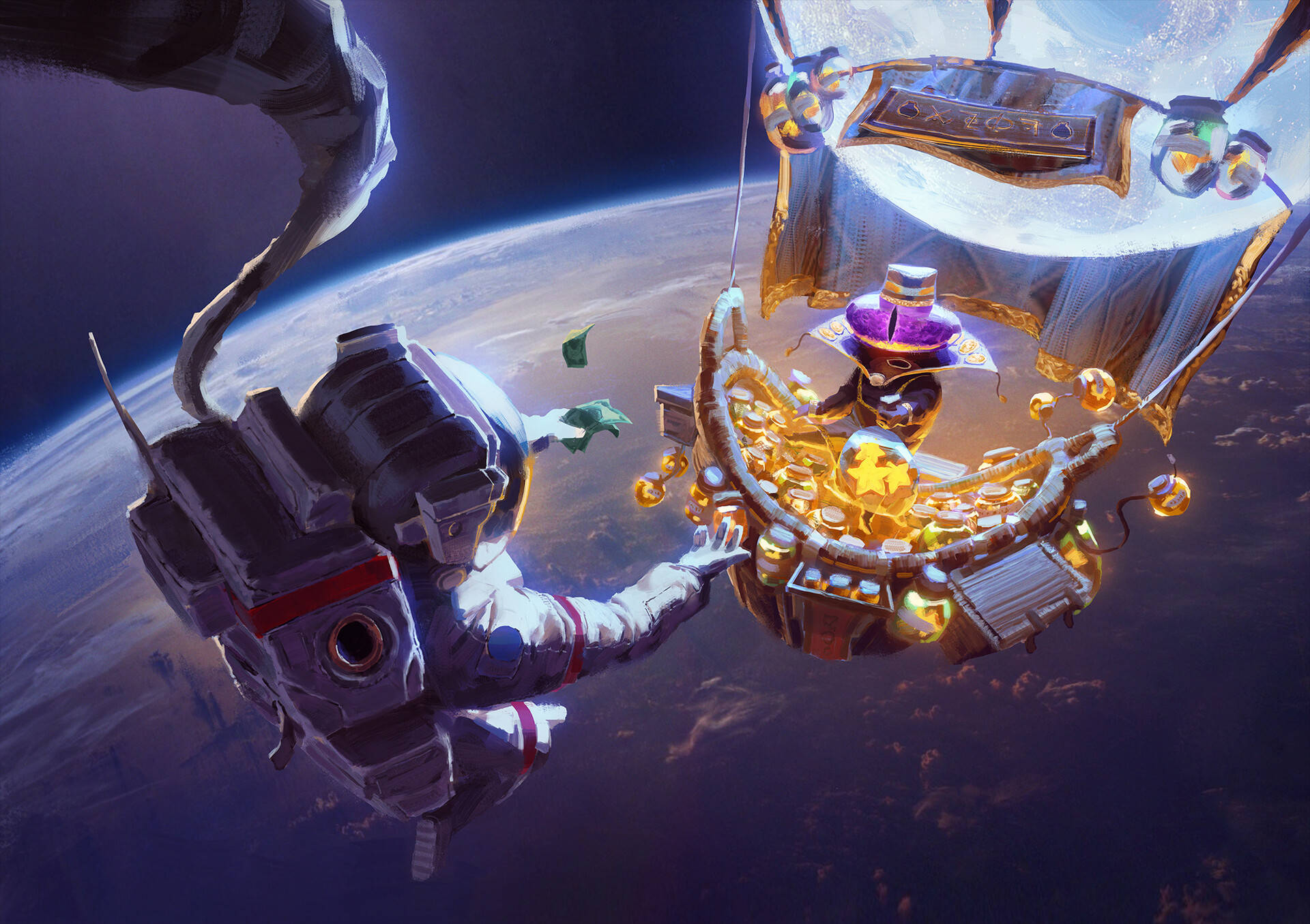 Astronaut In Space 桌布 壁紙 — 一名太空人在太空中伸手觸及地球彎曲地平線上方漂浮的金色寶箱。