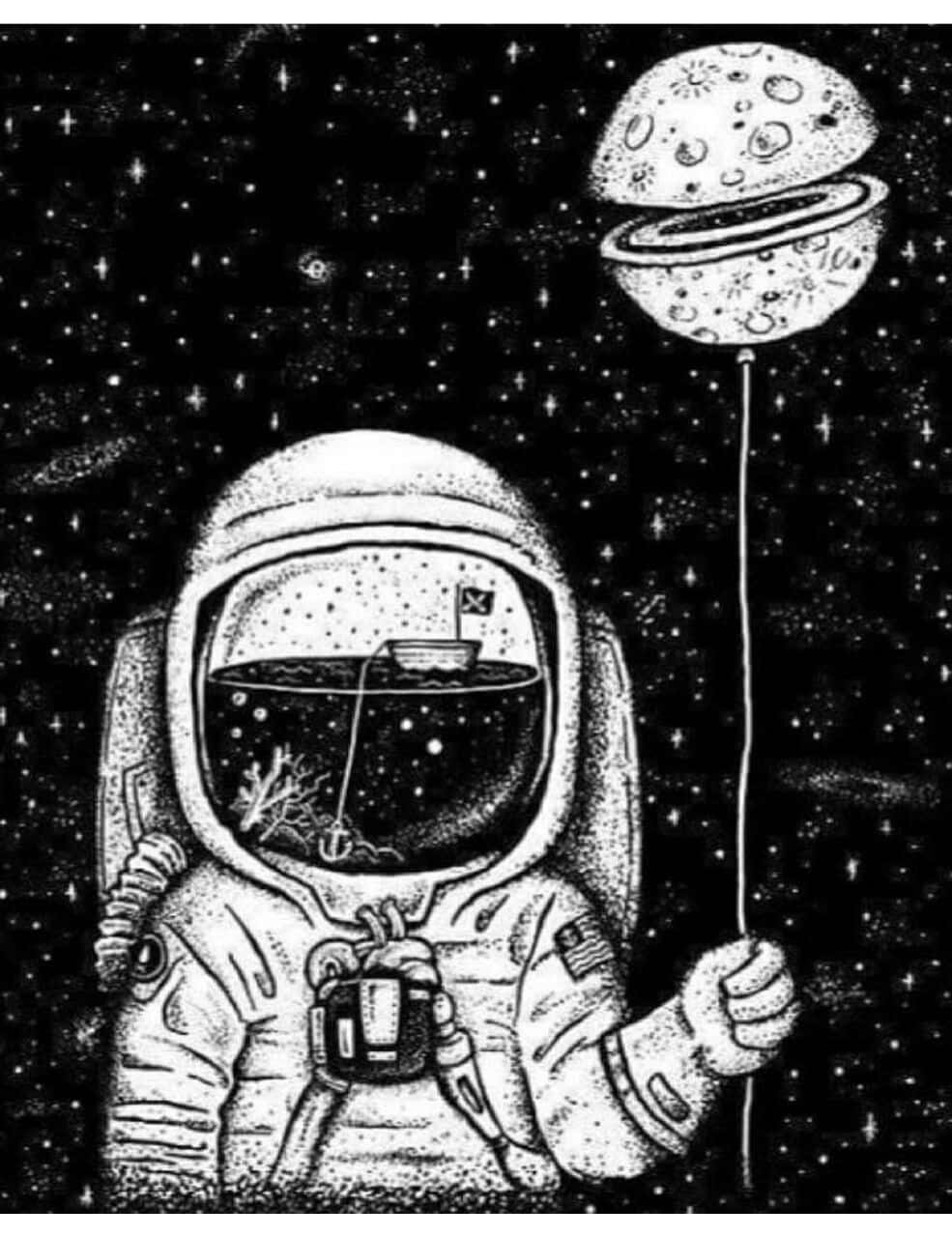  壁紙 — 一名太空人在太空中手持一個月亮形狀的氣球，而一艘小船漂浮在他們的頭盔面罩內。