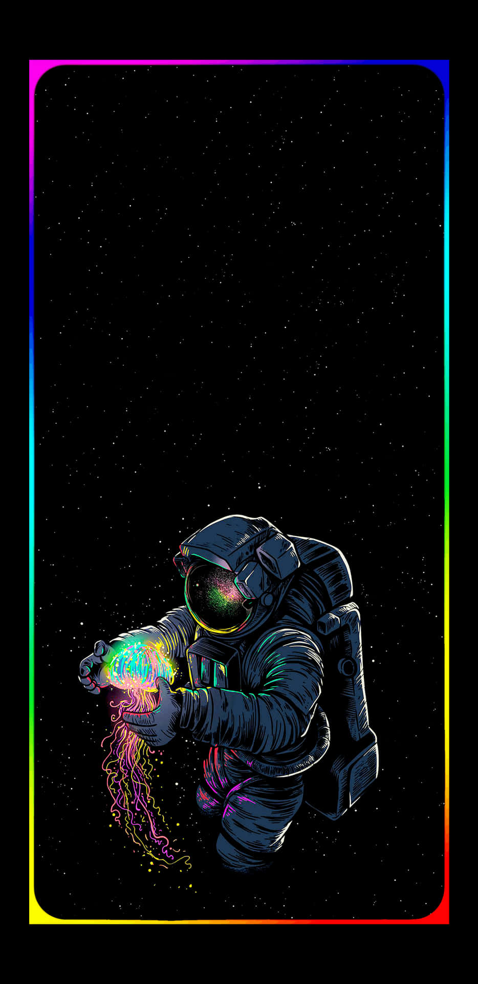  壁紙 — 一名太空人在太空中手持發光的霓虹水母，背景是星空虛空，並以彩虹邊框框住。