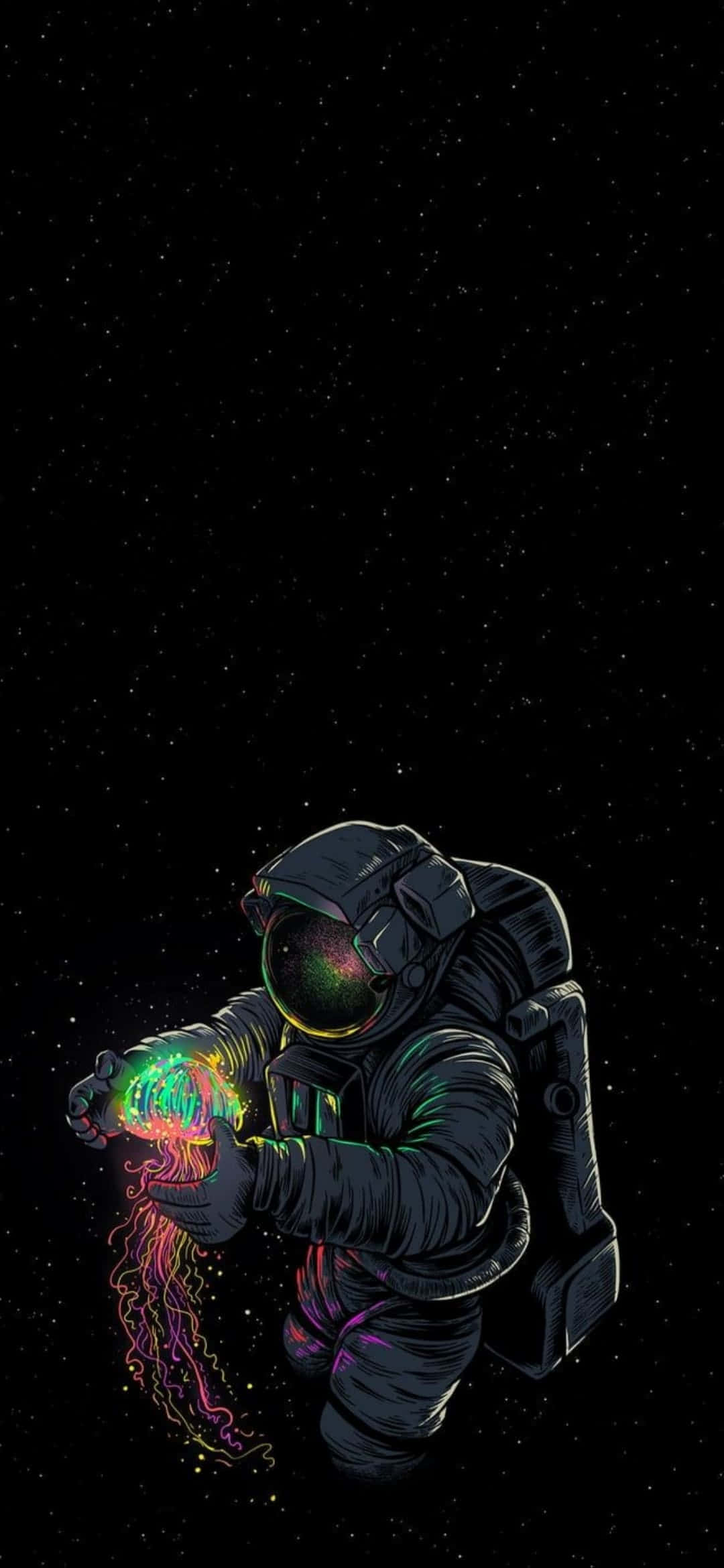 Dope Ps4 桌布 壁紙 — 一名太空人在太空中手持發光霓虹水母，背景是星空虛空。