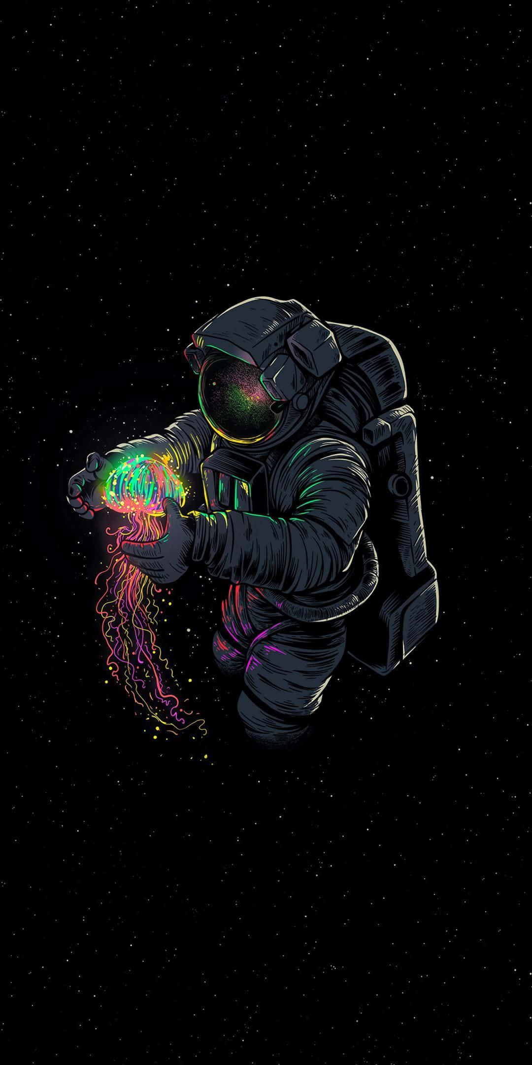 Epic Neon 桌布 壁紙 — 一名太空人在太空中手持發光霓虹水母，背景是繁星點點的虛空。