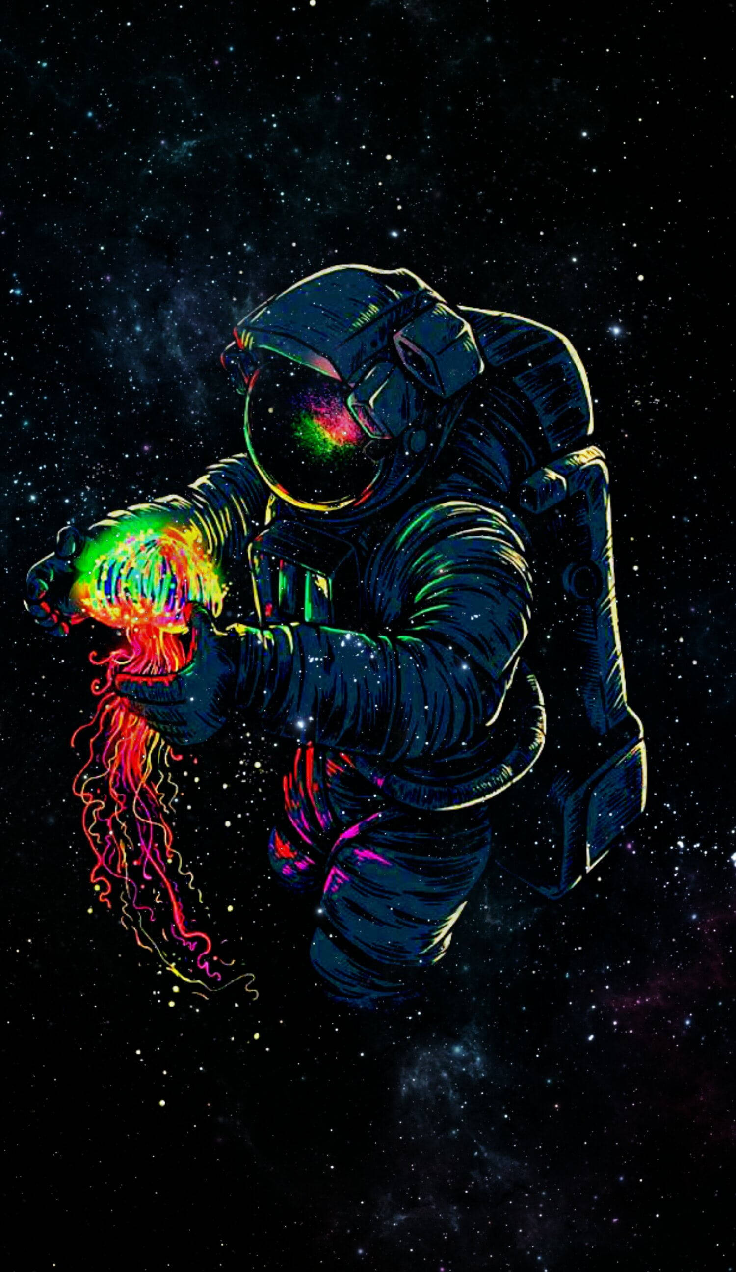 銀河 桌布 壁紙 — 一名太空人在太空中手持發光霓虹水母，背景是繁星點點的宇宙。