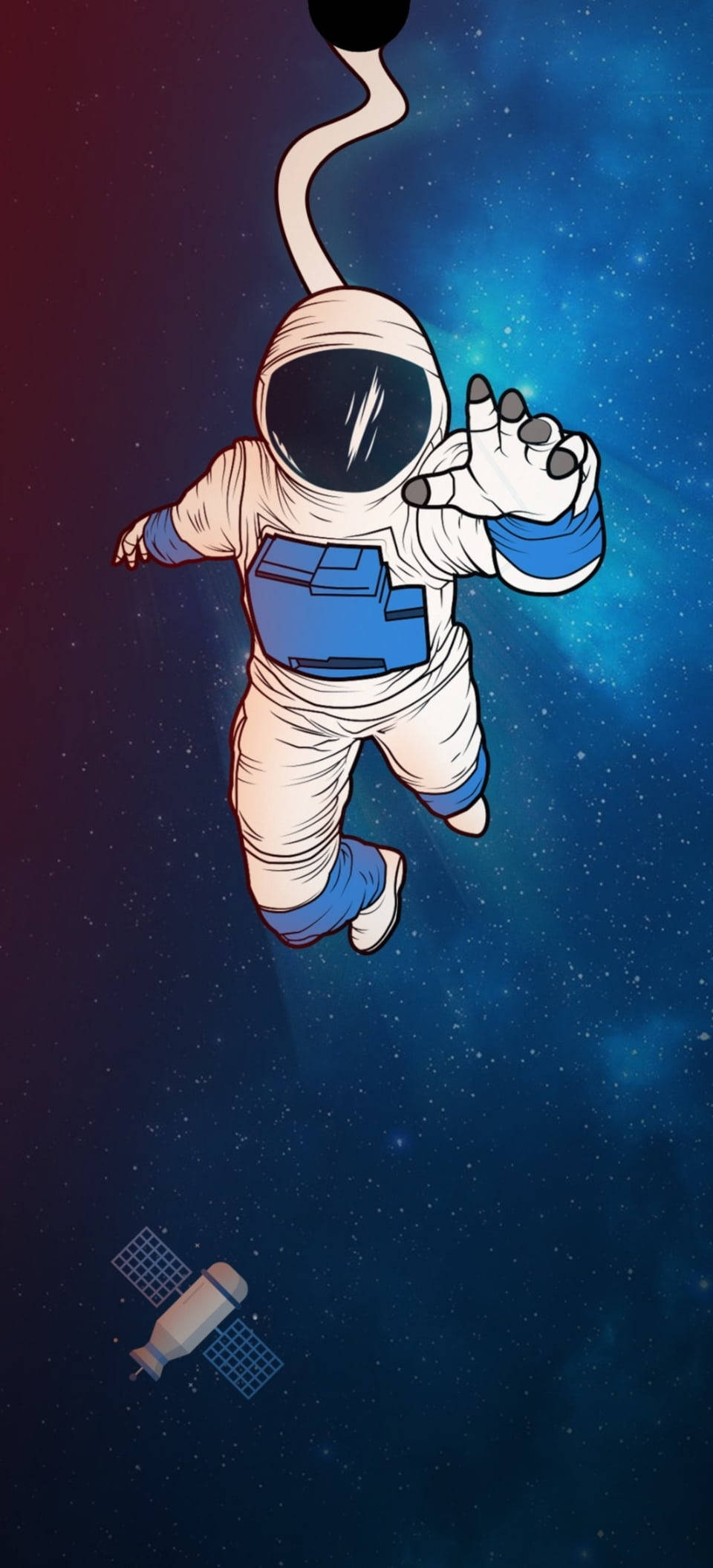 銀河 桌布 壁紙 — 一名太空人在太空中漂浮，下方有衛星，背後有發光的宇宙星雲。