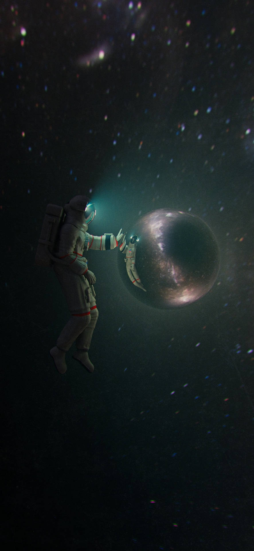 穿著太空衣的太空人在群星中伸手觸及一顆發光行星。 — Note 10 Plus 壁紙