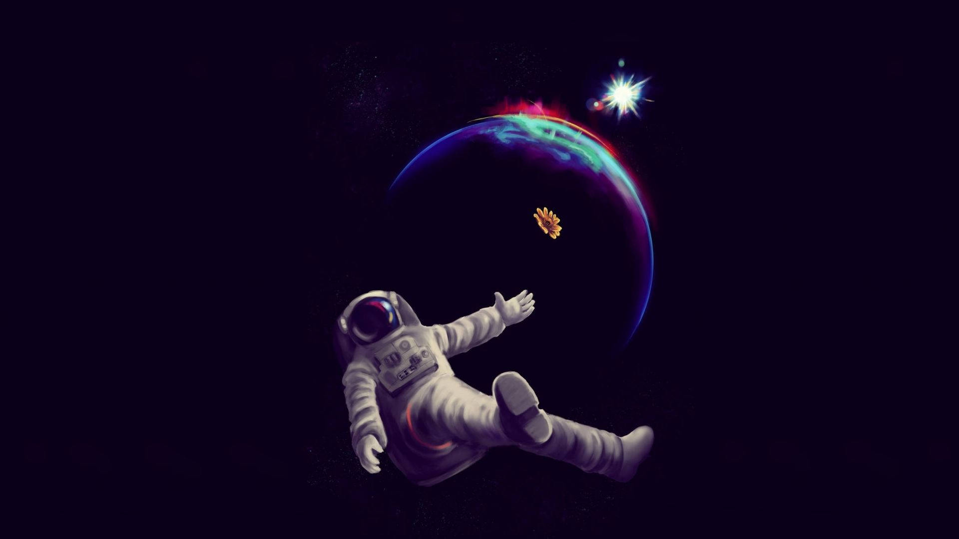 太空人在色彩繽紛的行星和明亮的星星附近漂浮。