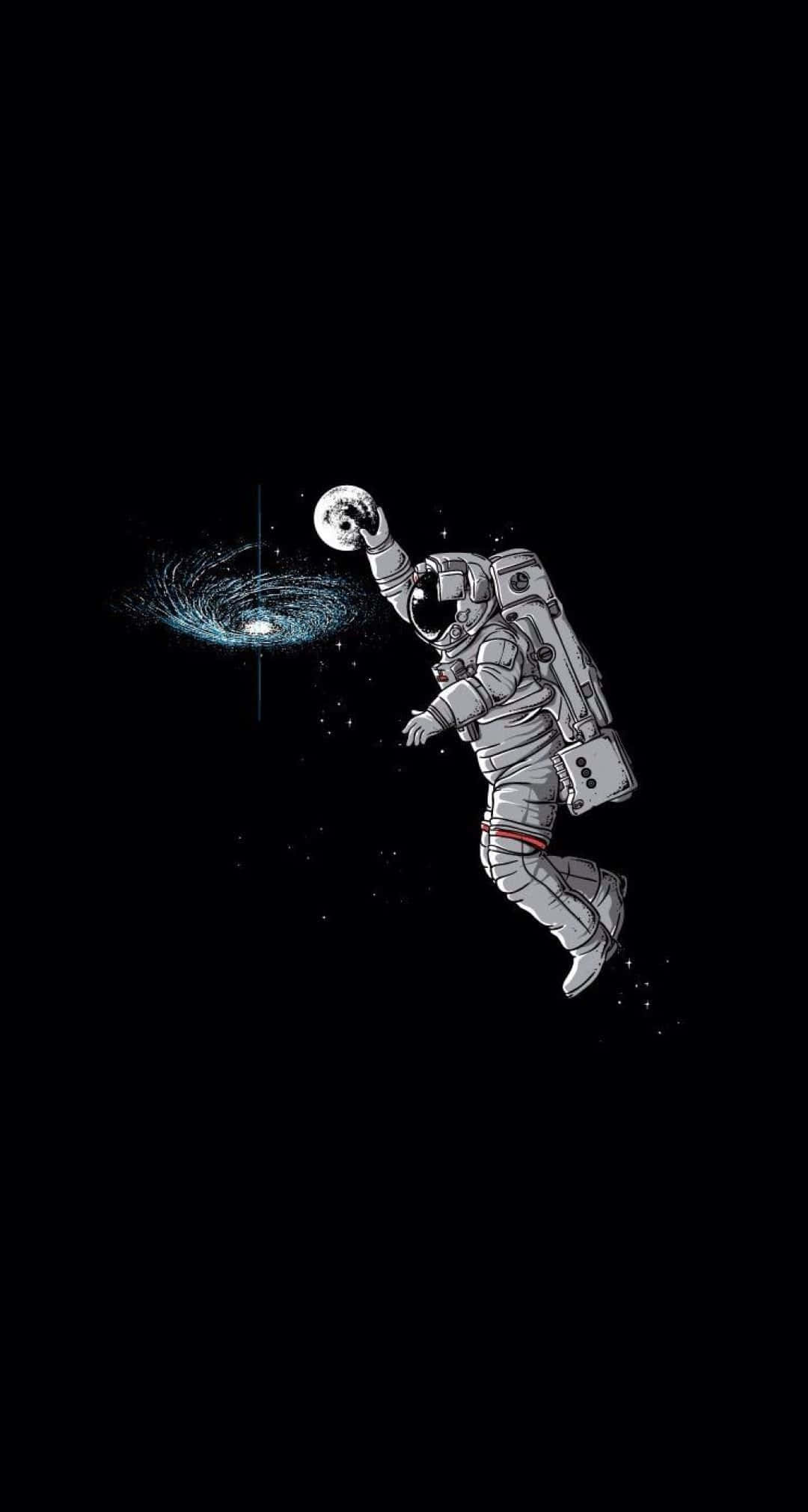 月光 桌布 壁紙 — 一名太空人在太空中漂浮，在黑色虛空中靠近一個旋轉的藍色星系手持一個發光的球體。