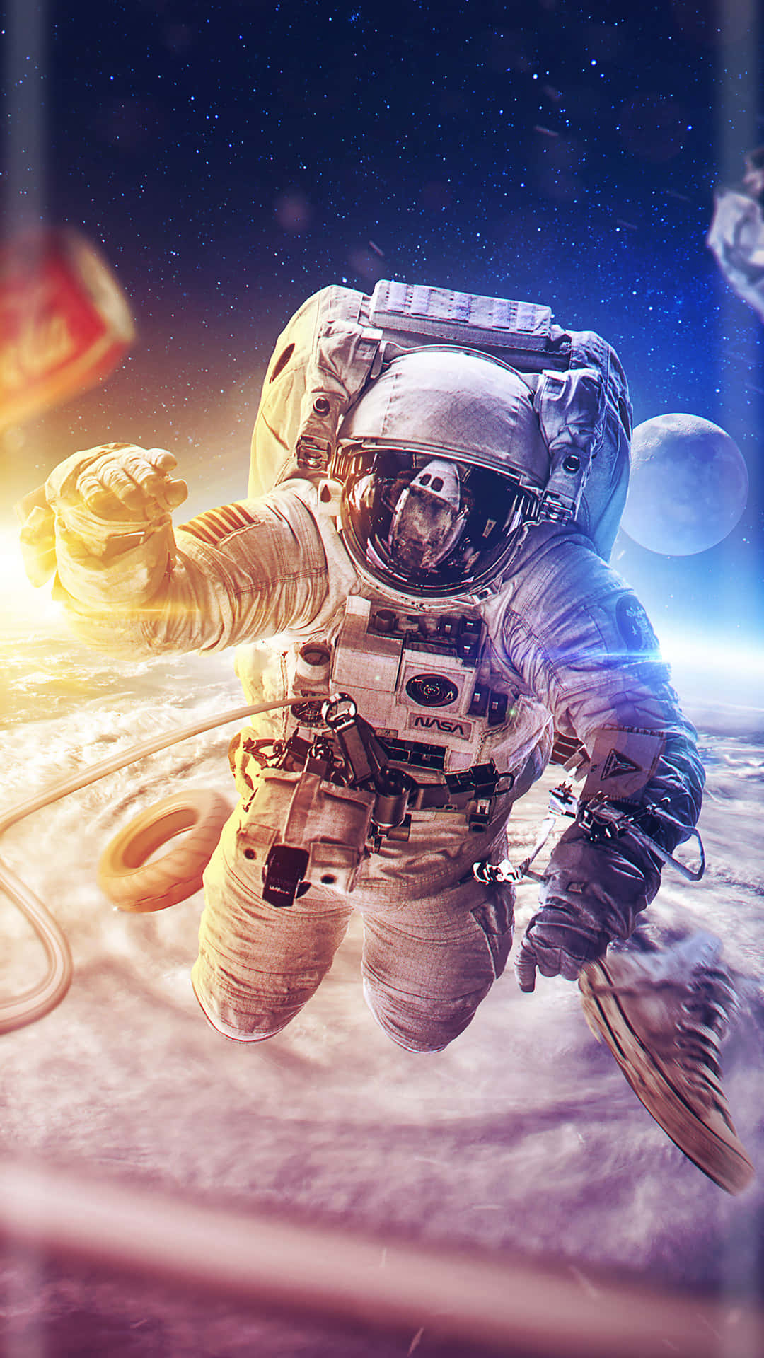 太空人 桌布 壁紙 — 一名太空人在太空中漂浮，地球在下方發光，星星在宇宙虛空中閃爍。