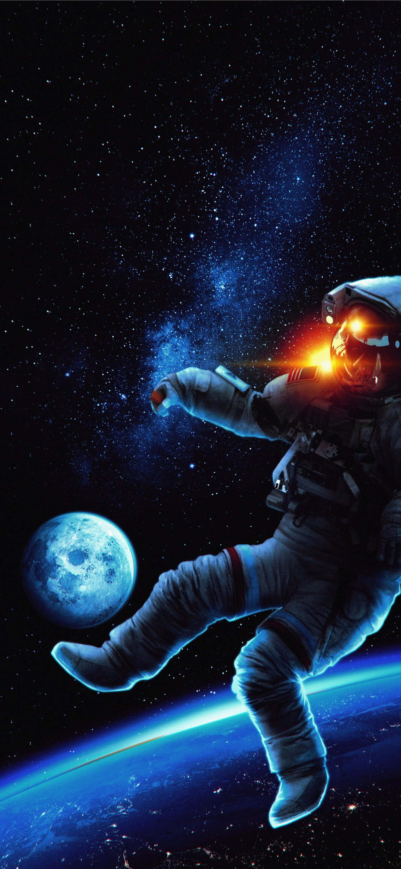 Amazing Astronaut 桌布 壁紙 — 一名太空人在太空中漂浮，戴著發光的頭盔，伸出一隻手臂，背景是星空、藍色行星和月球。