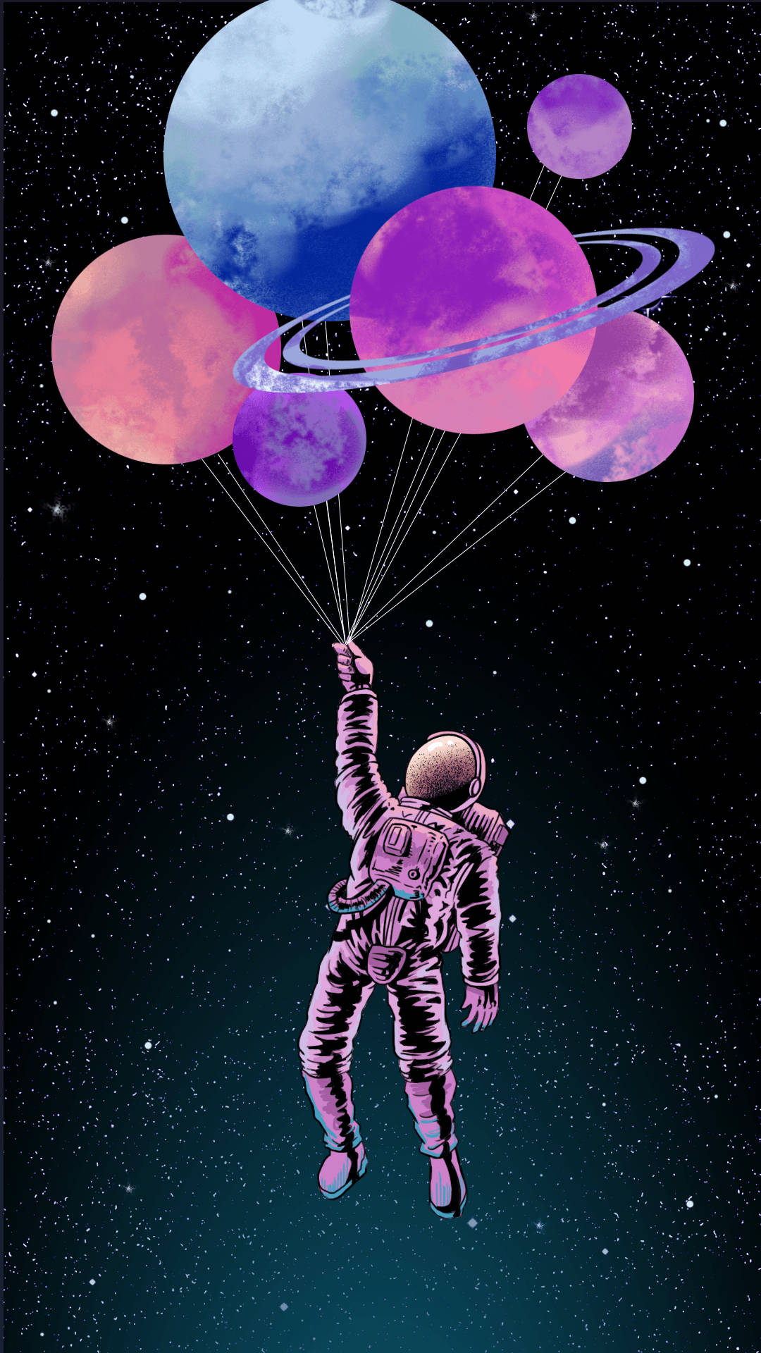  壁紙 — 一名太空人在太空中漂浮，手持繩索連接到像氣球一樣漂浮在繁星虛空中的彩色行星。