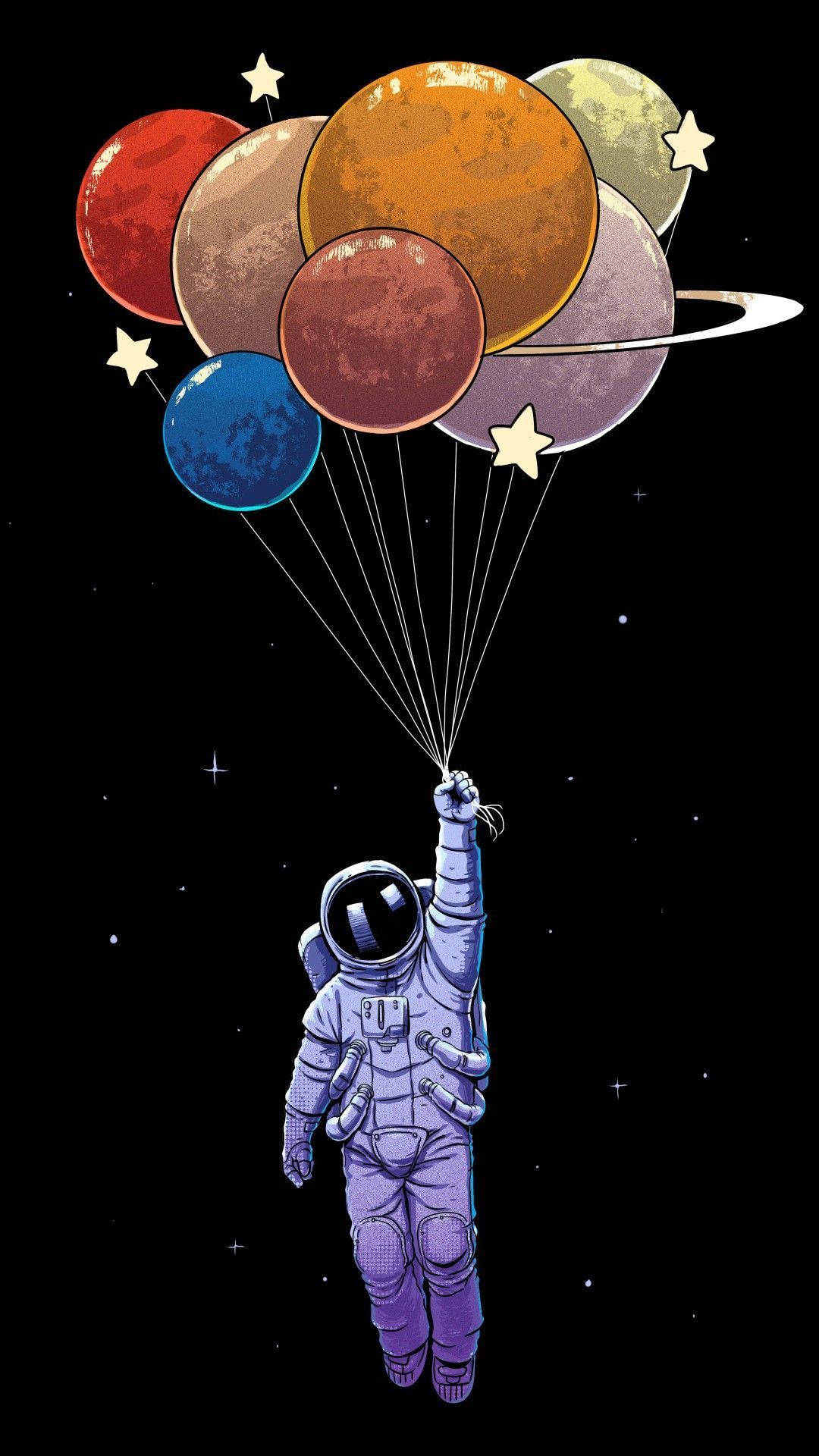 太空 iPhone 桌布 壁紙 — 一名太空人在太空中漂浮，手持連接到彩色行星氣球的繩索，背景是星空虛空。