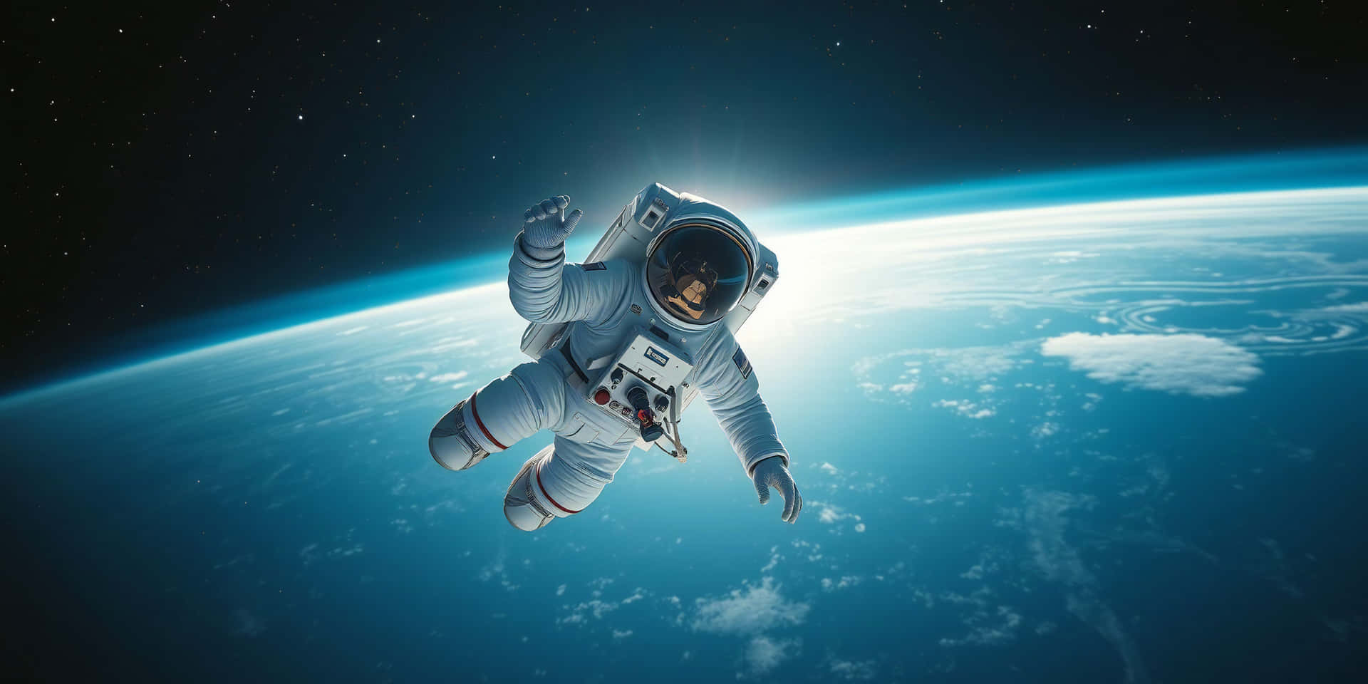 Astronaut Flying In Space 壁紙 — 一名太空人在太空中漂浮，背後是地球藍色彎曲的地平線和發光的大氣層。