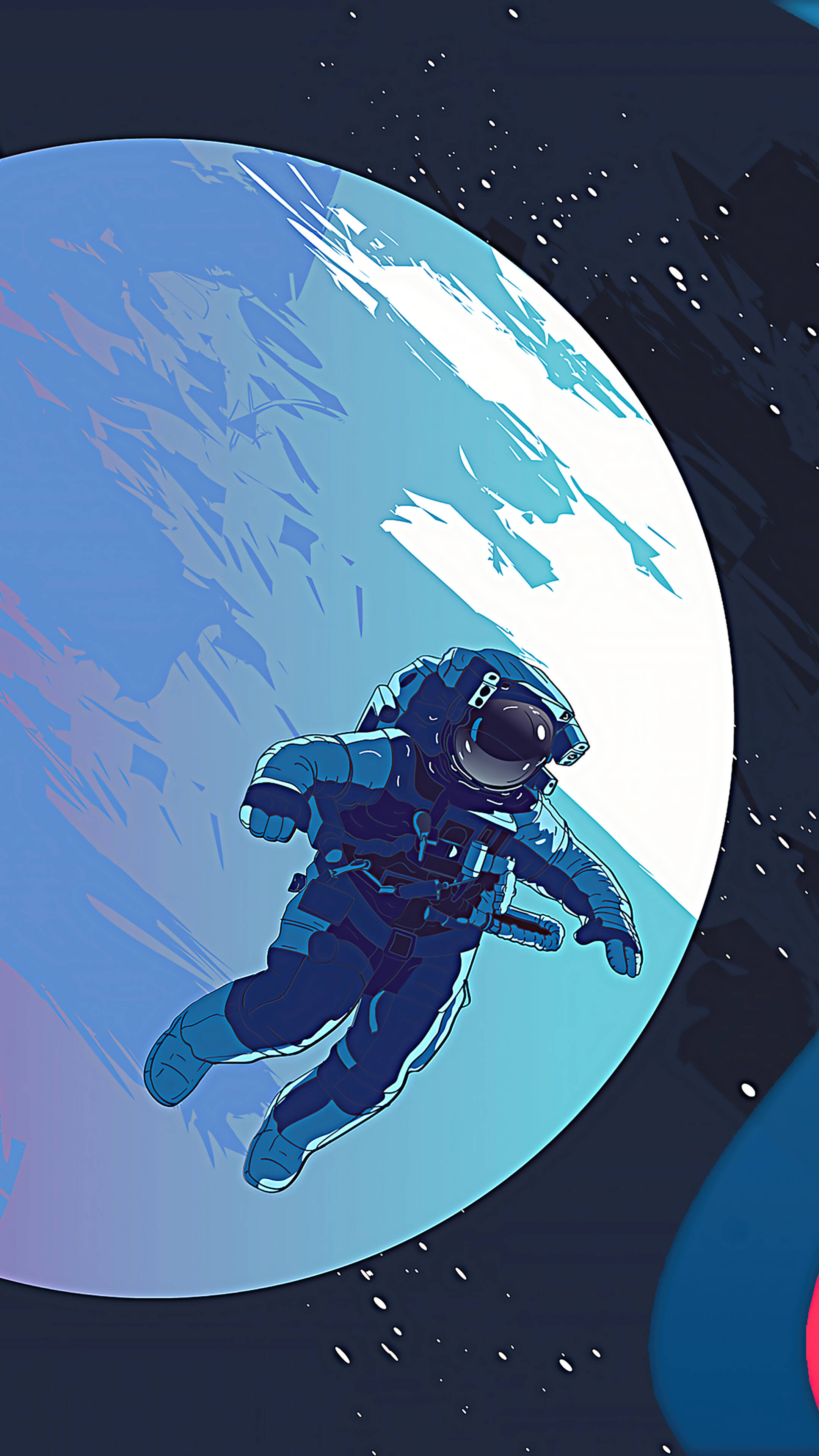 astronaut aesthetic 桌布 壁紙 — 一名太空人在太空中漂浮，背景是一個帶有白雲和遙遠星星的藍色大行星。