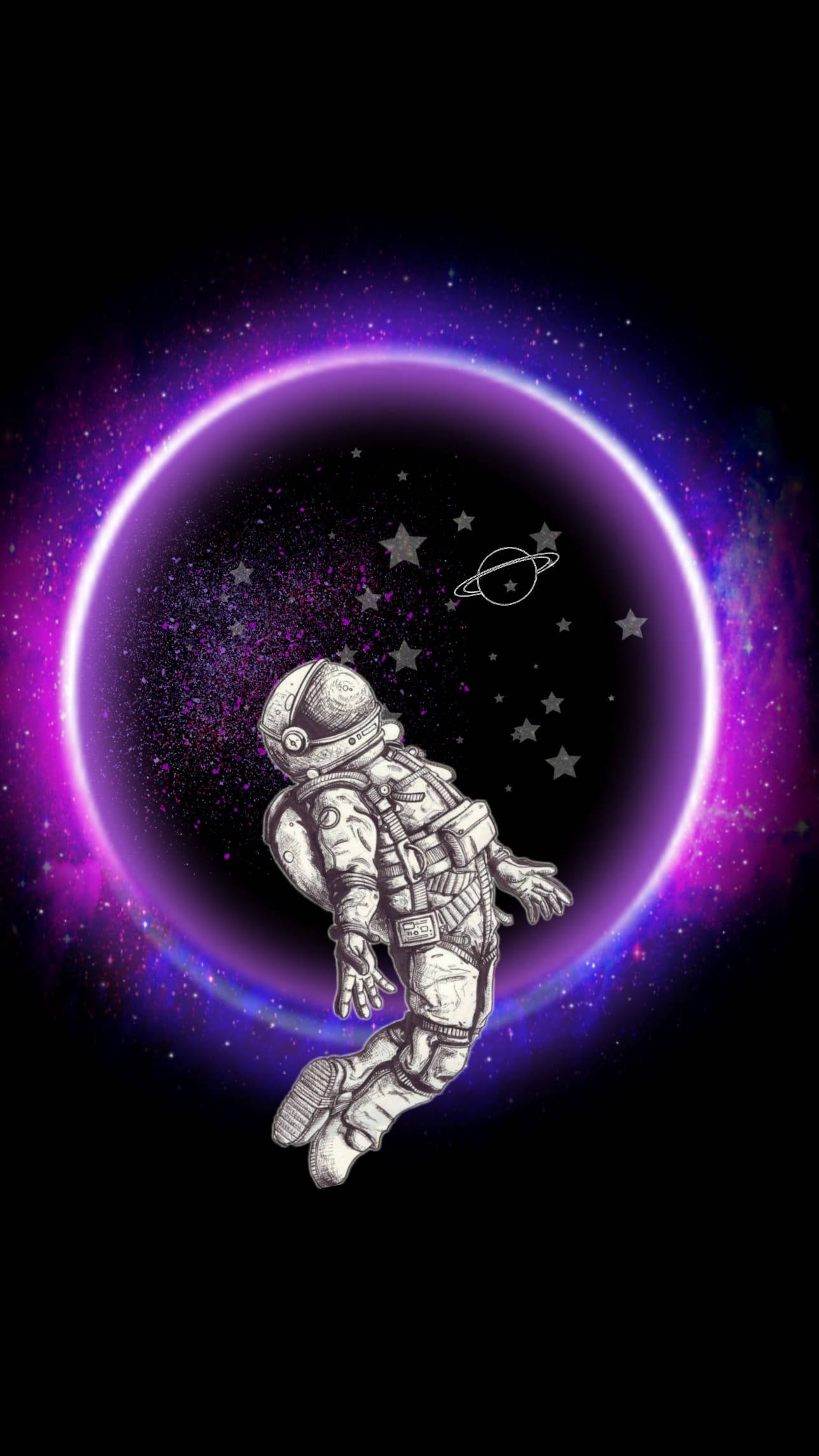 Dark Psychedelic iPhone 桌布 壁紙 — 一名太空人在太空中漂浮，面前是一個發光的紫色宇宙環，周圍有星星和一顆遙遠的行星。