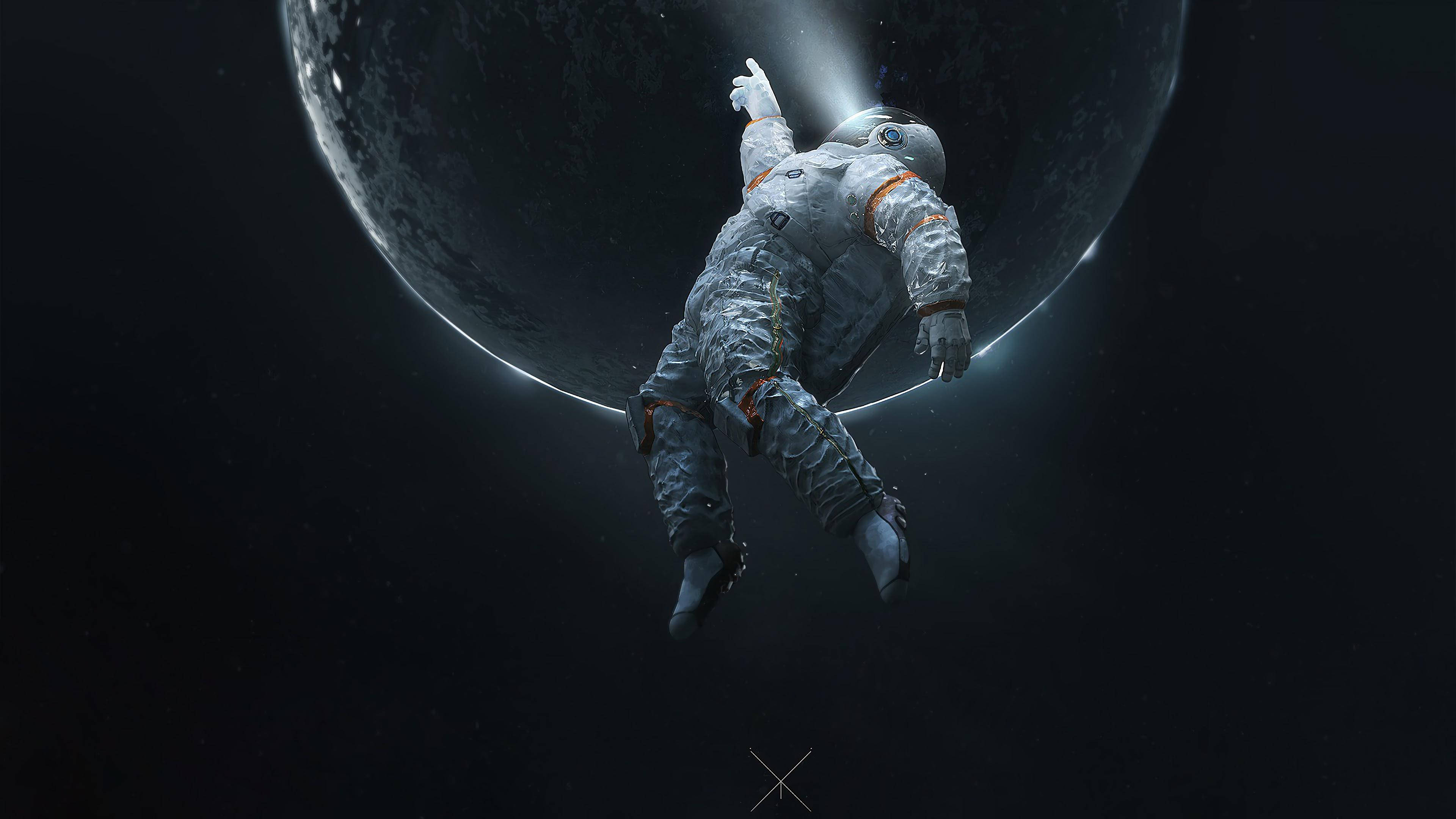 astronaut aesthetic 桌布 壁紙 — 一名太空人在太空中無重漂浮，背後有一輪巨大的月亮發光。