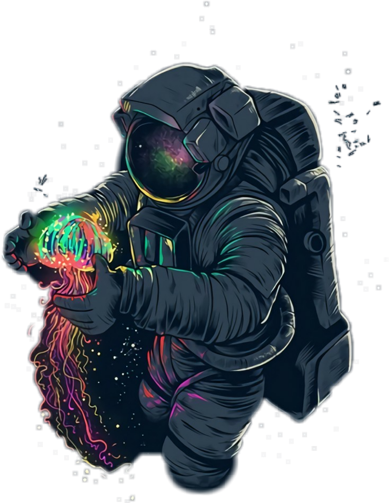astronaut aesthetic 桌布 壁紙 — 一名太空人在太空中輕輕懷抱著發光的霓虹水母，背景是星光燦爛的宇宙。