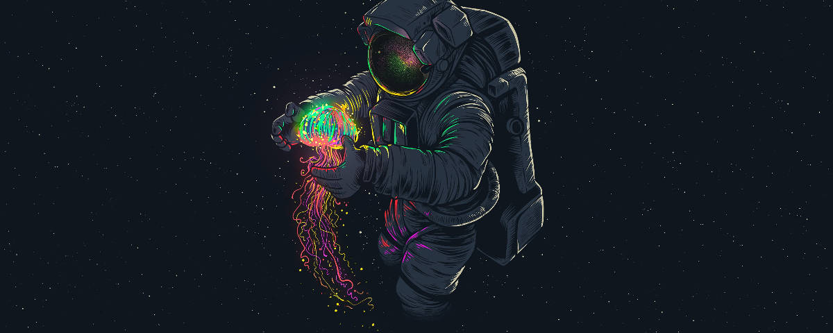  壁紙 — 一名太空人在太空中輕輕捧著發光的霓虹水母，背景是繁星點點的宇宙。