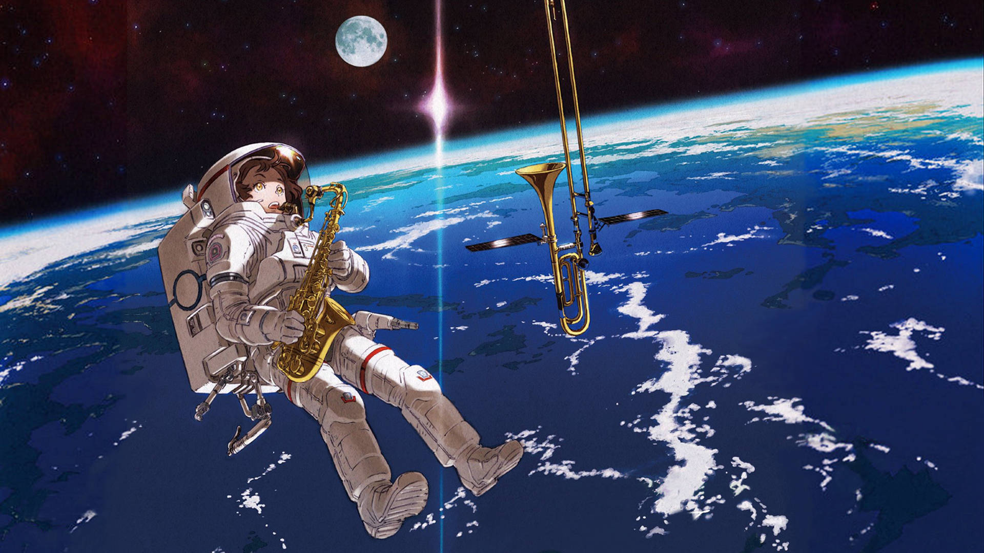 人像動態 桌布 壁紙 — 一名太空人在太空吹奏金色薩克斯風，背景有地球和月球。